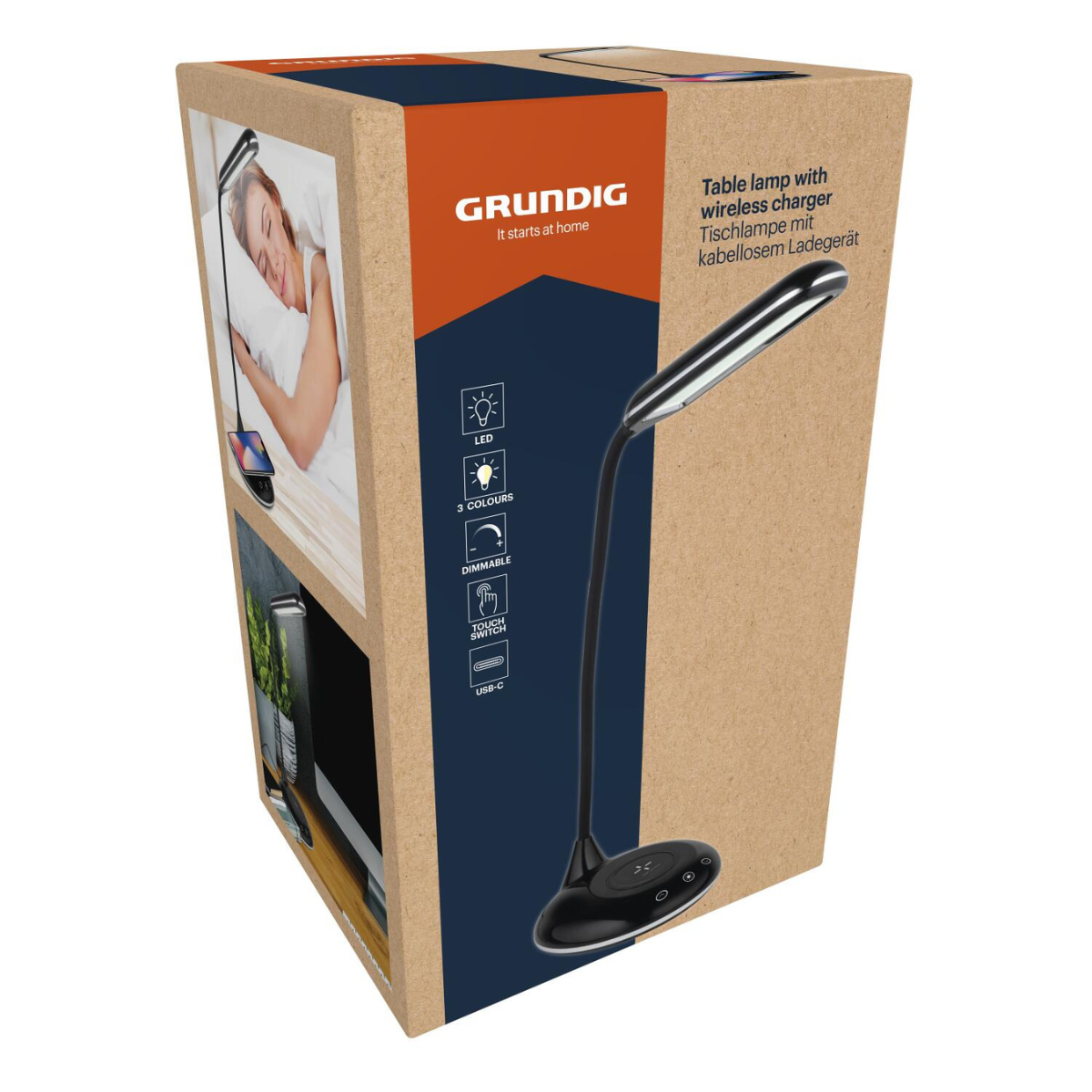 Emballage d'une lampe de table Grundig avec chargeur sans fil.