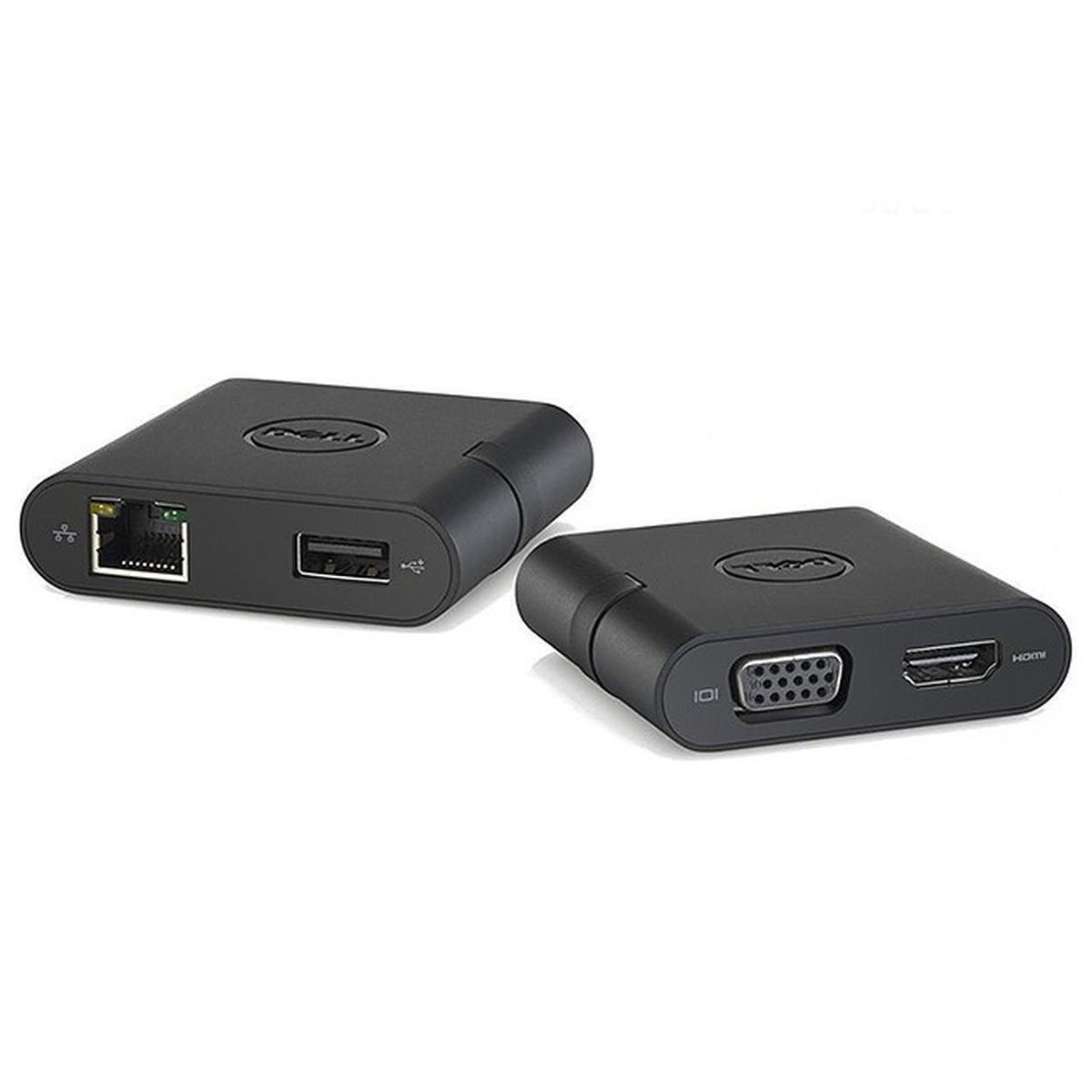 Zwei schwarze Dell-Adapter: einer mit USB-A und Ethernet, der andere mit VGA und HDMI.