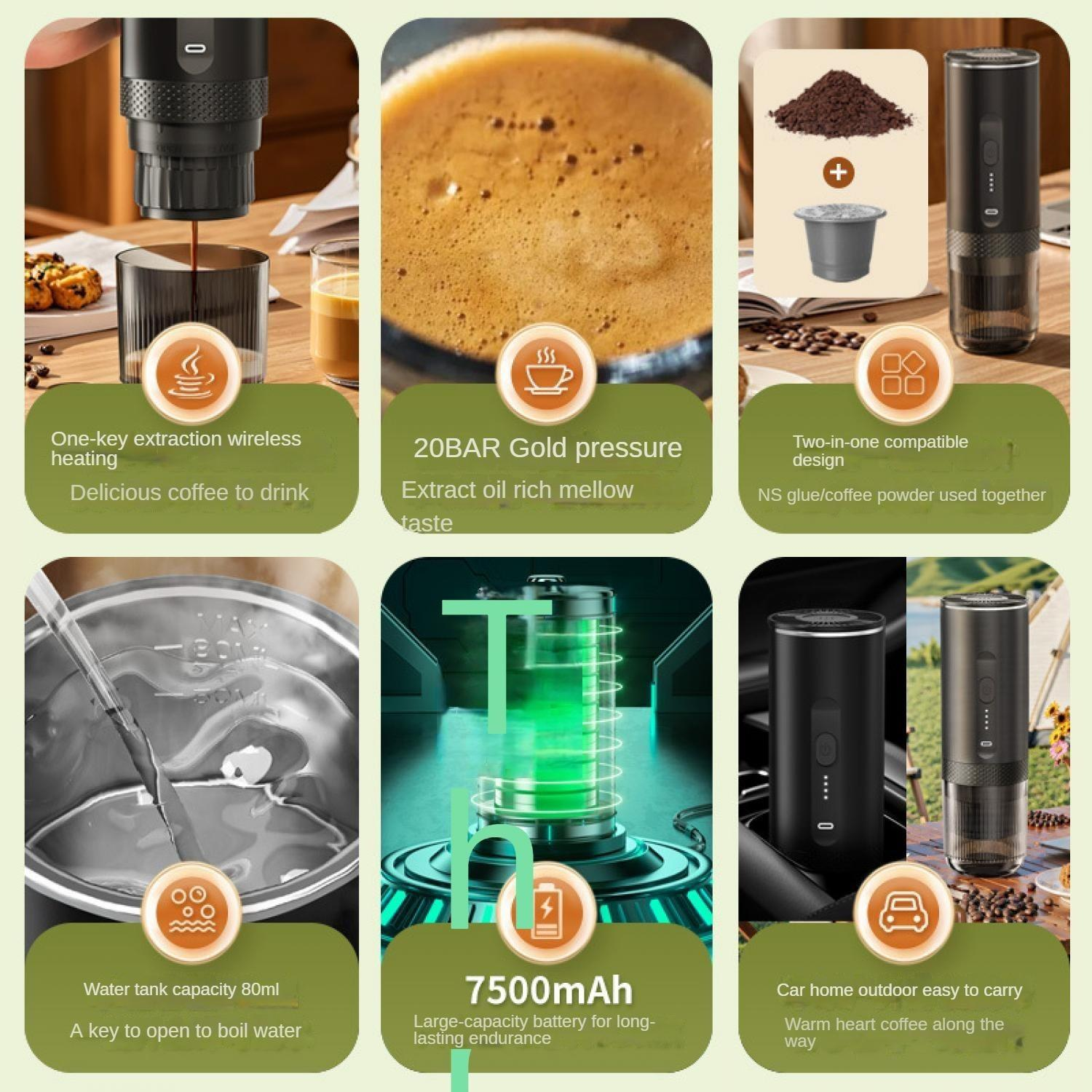 Ein tragbares Kaffeegerät mit verschiedenen Funktionen wie drahtloser Heizung, 20 Bar Druck und großer Batterie.