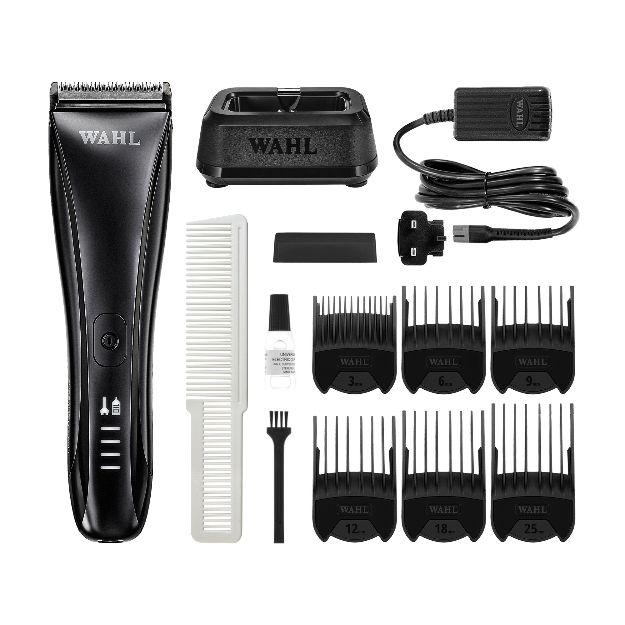 Schwarzes Wahl Haarschneidemaschinen-Set mit Ladestation, Kabel, Öl, Kamm und Aufsätzen.