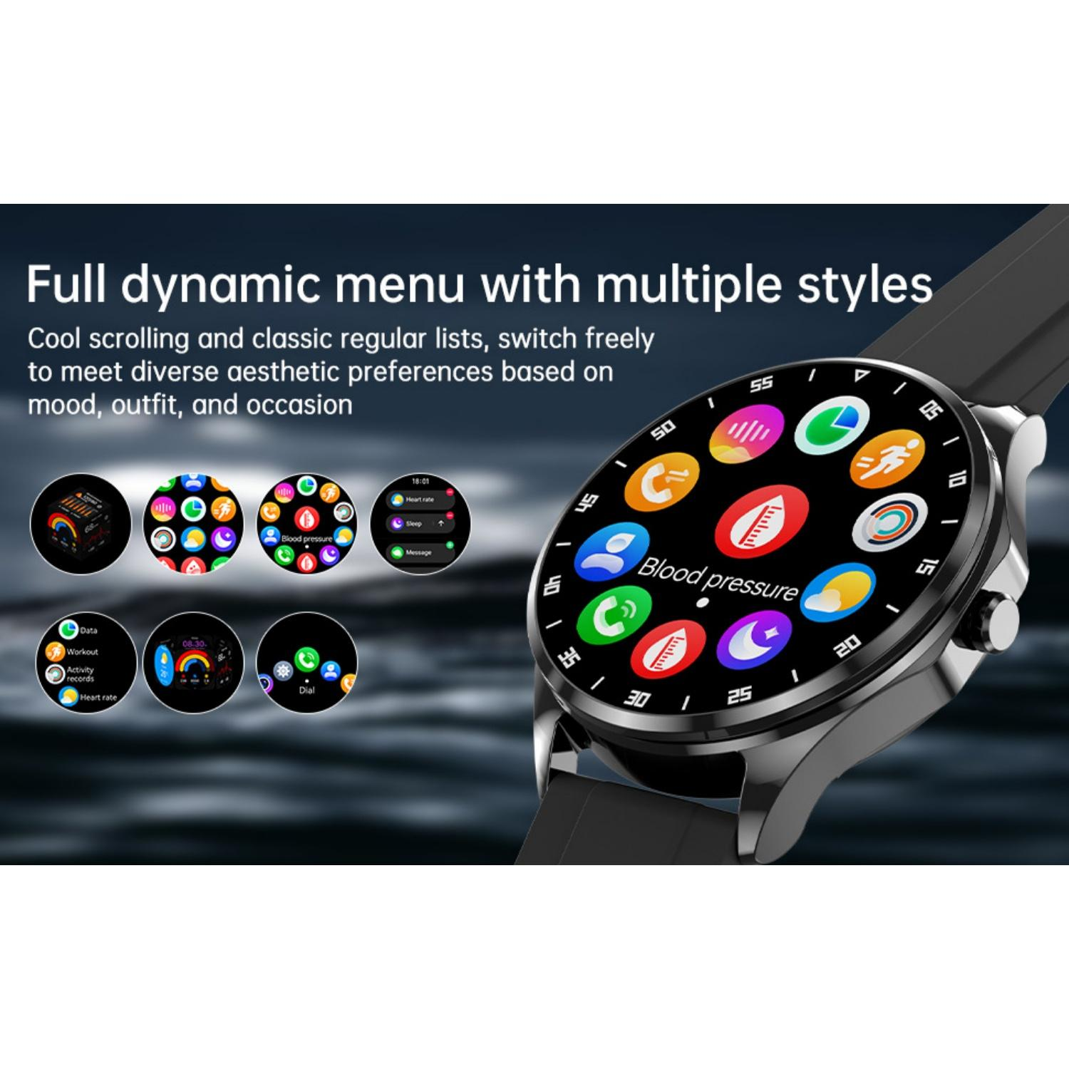 Eine Smartwatch mit einem dynamischen Menü, das verschiedene App-Icons anzeigt.