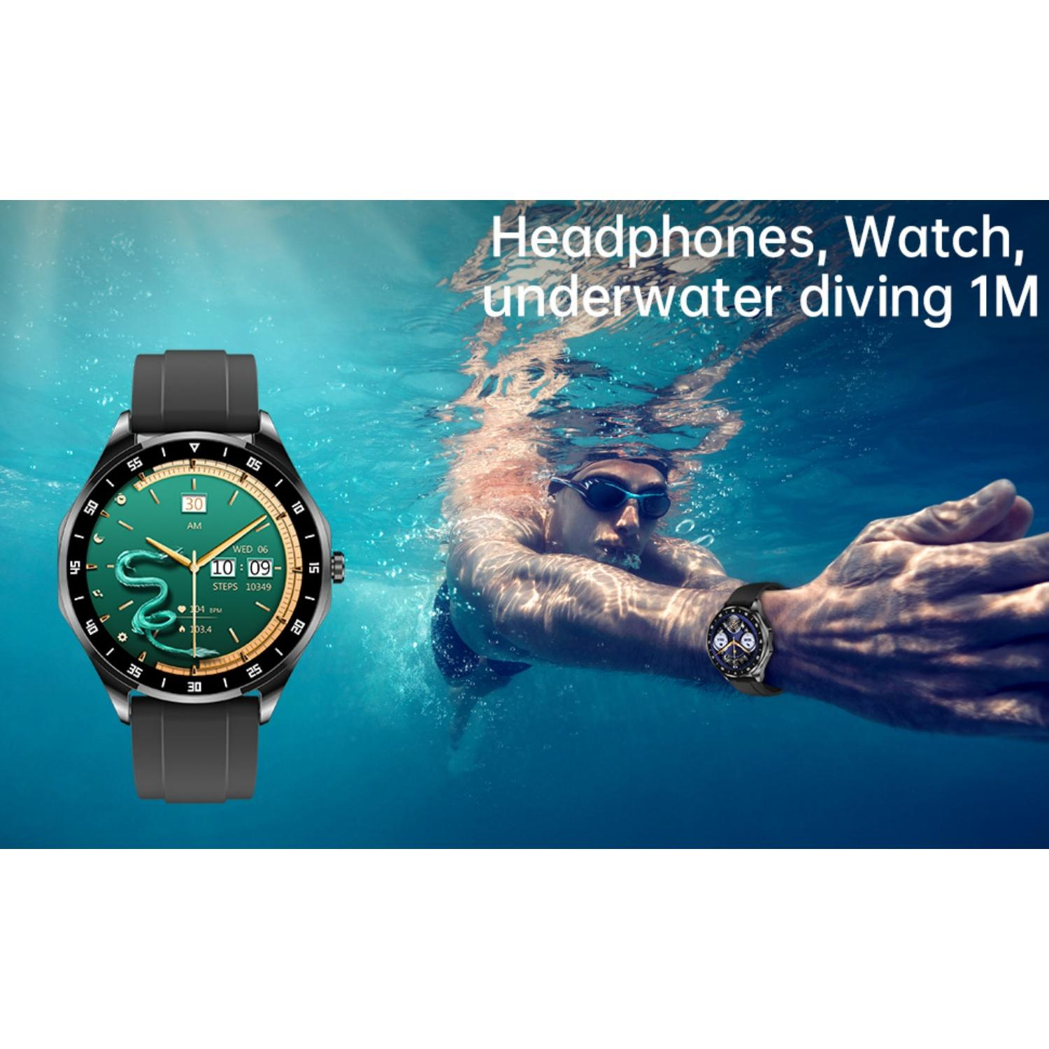 Ein Mann taucht unter Wasser, trägt eine Uhr und Kopfhörer. Eine Uhr ist im Vordergrund.