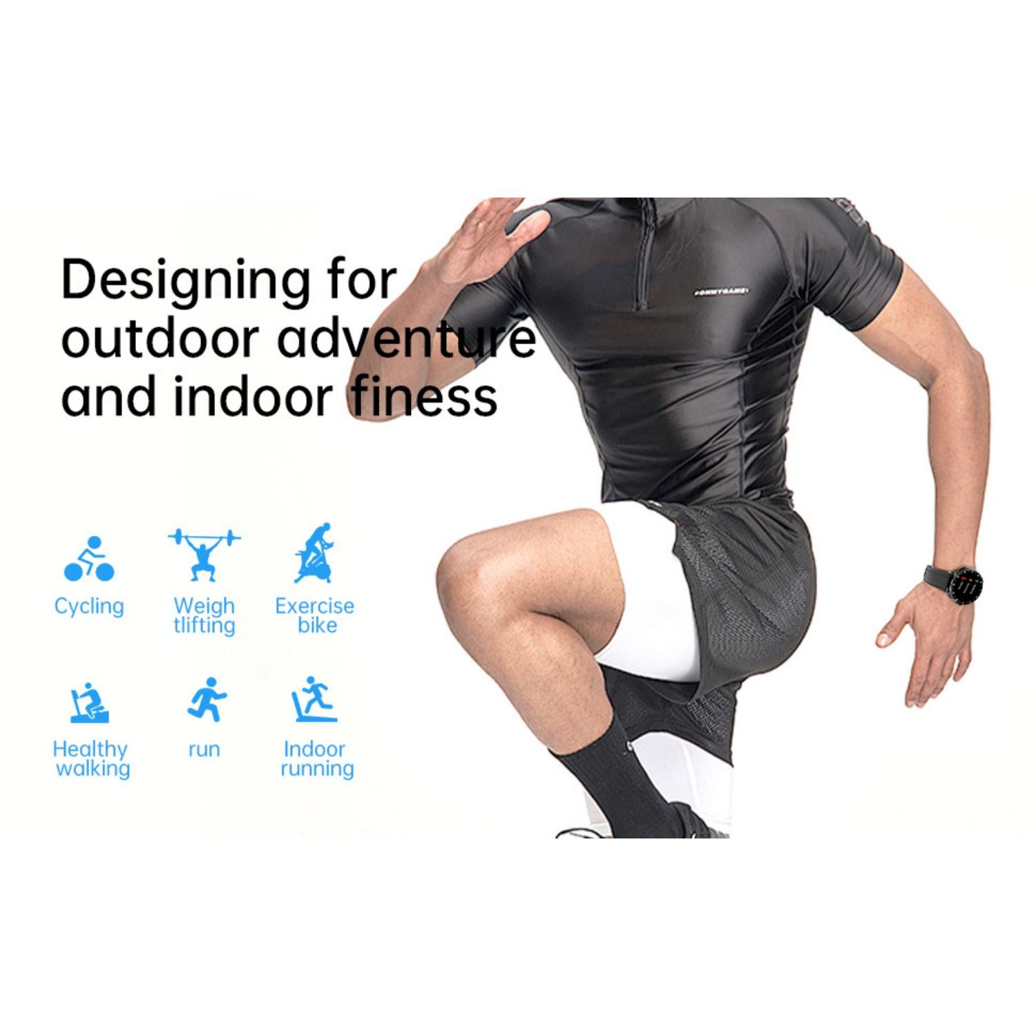 Mann in schwarzer Sportkleidung, Text: Design für Outdoor-Abenteuer und Indoor-Fitness. Symbole: Radfahren, Gewichte, Rad, Gehen, Laufen.