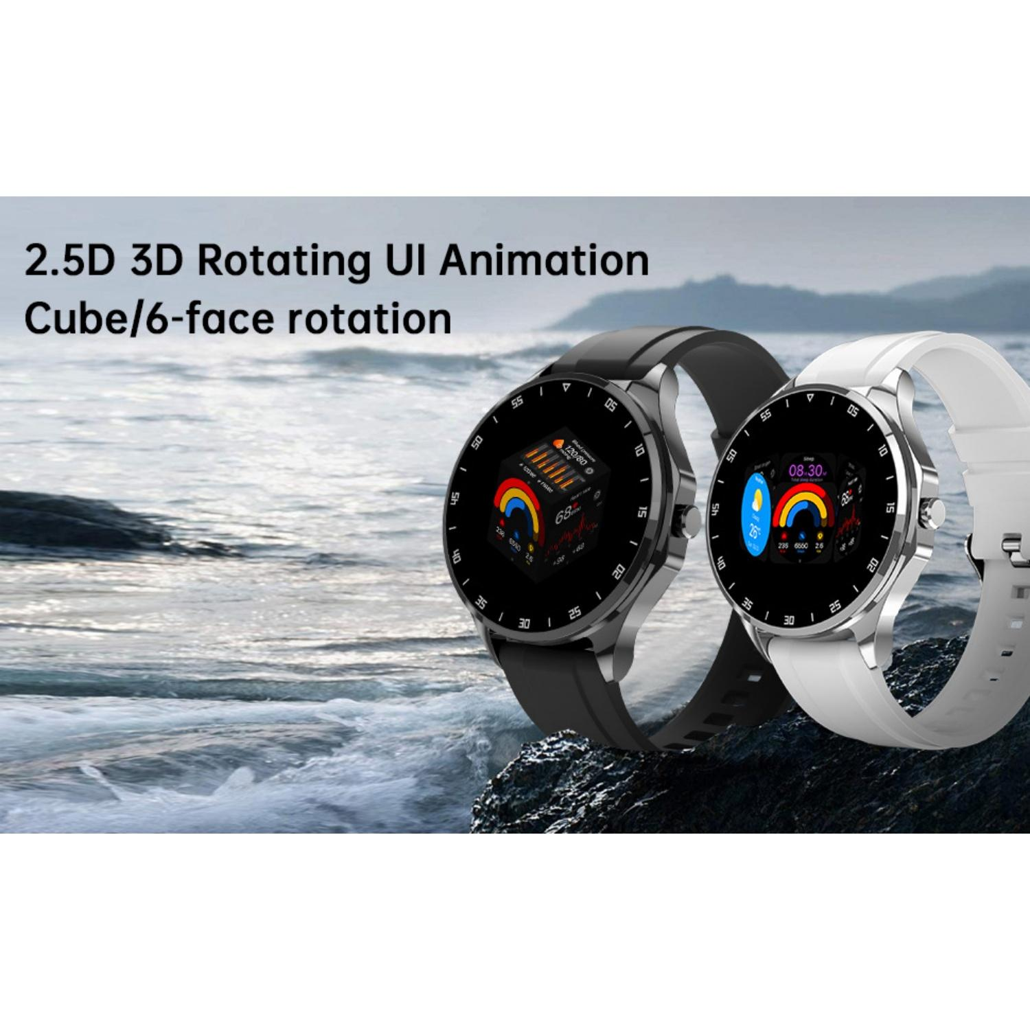 Zwei Smartwatches, eine schwarz, eine weiß, auf Felsen am Meer.