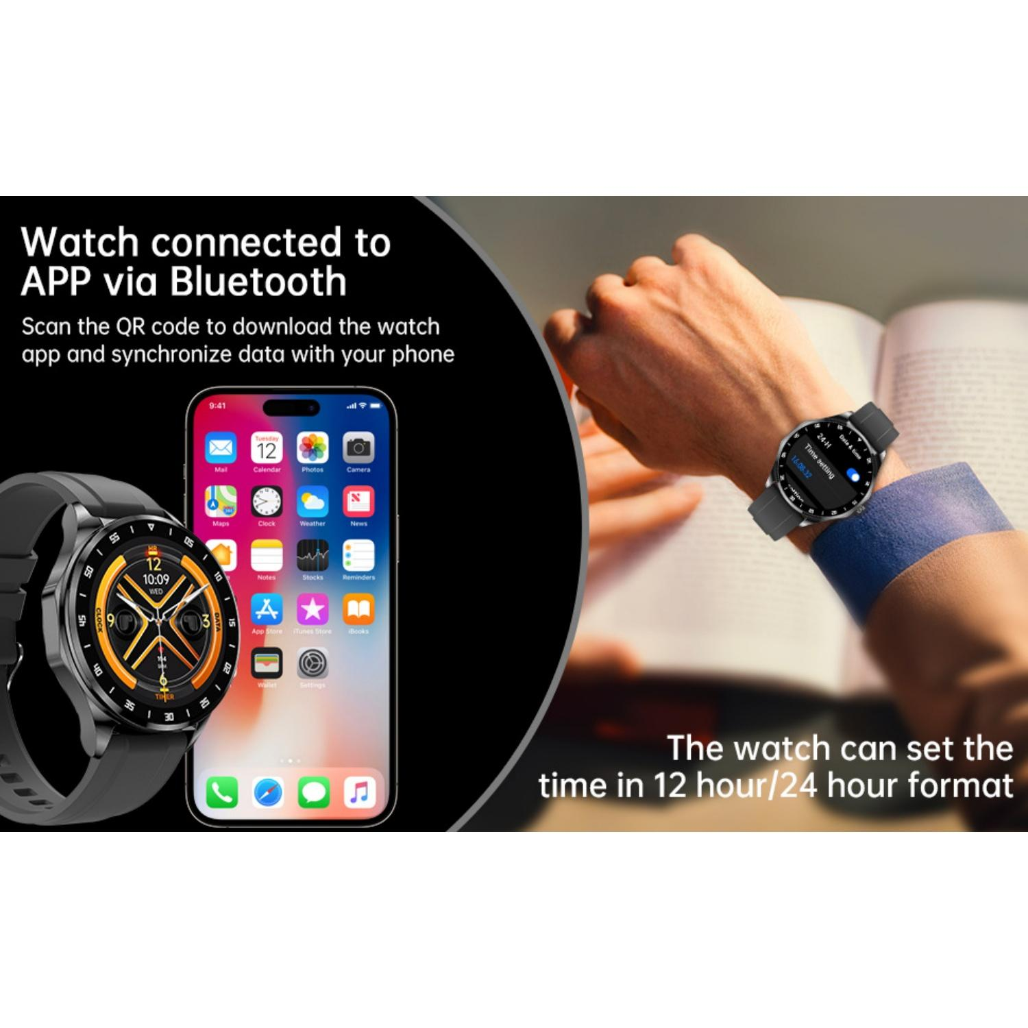 Eine Smartwatch und ein Smartphone werden gezeigt. Die Uhr ist mit der App verbunden.