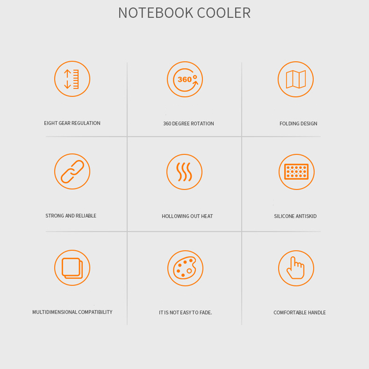 Symbole für Notebook-Kühler: Gang, 360-Grad-Drehung, Faltung, Link, Wärme, Anti-Rutsch, Kompatibilität, Verblassen, Griff.