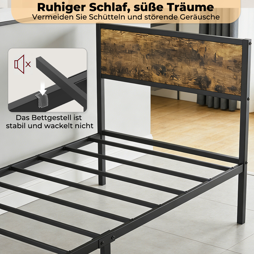 Ein metallisches Bettgestell mit Holz-Kopfteil, das Stabilität zeigt.