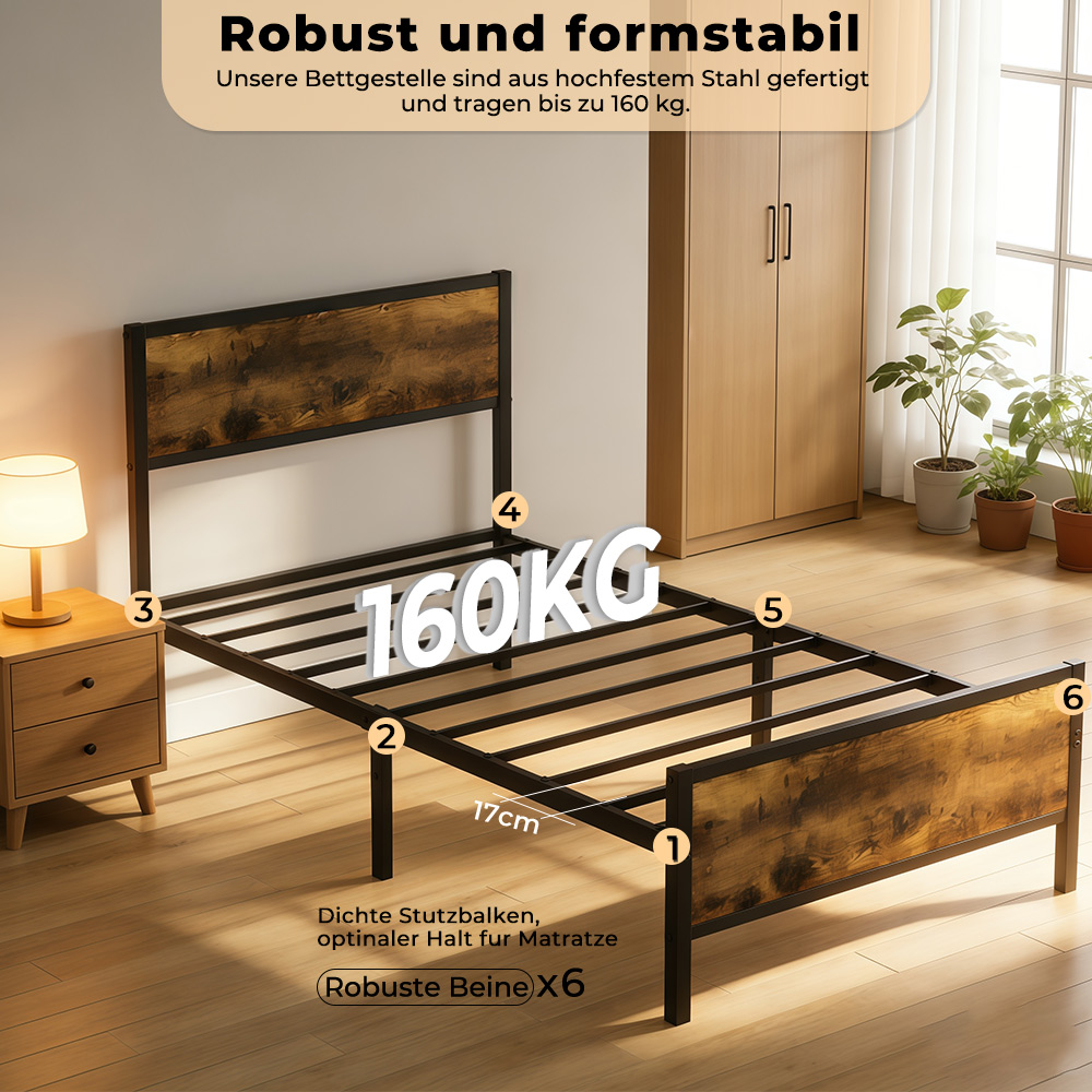 Metall-Bettgestell mit Holzoptik, 160kg Tragkraft, mit Nachtschrank und Kleiderschrank.