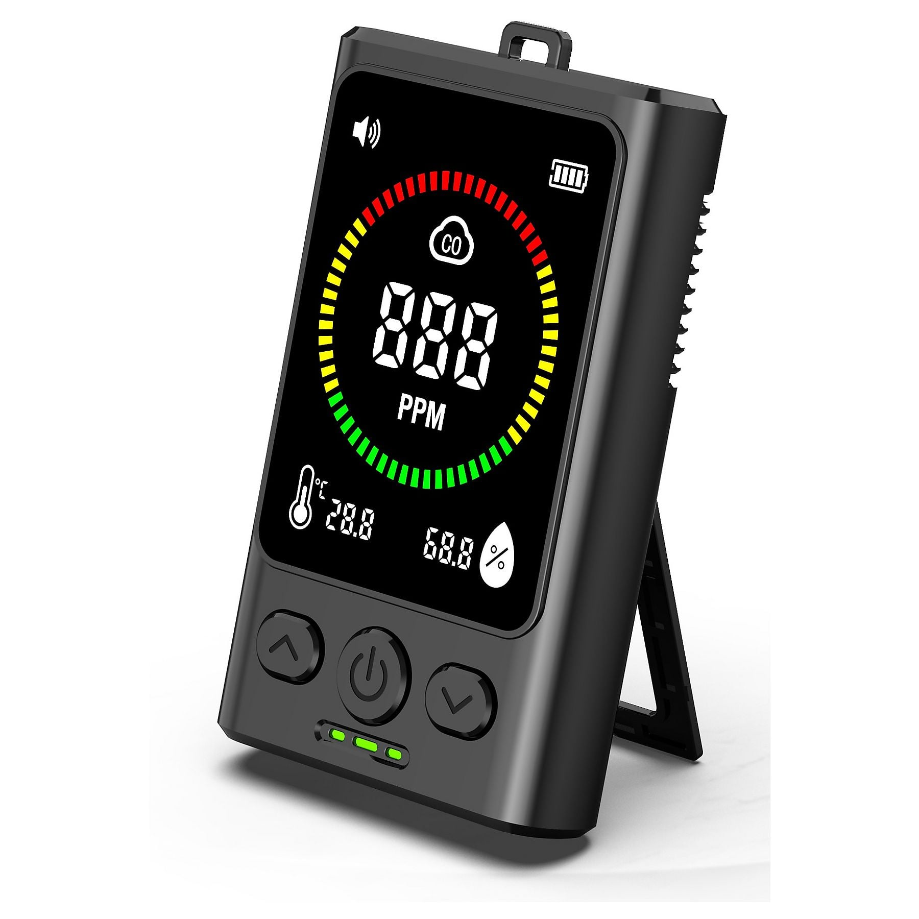Ein schwarzes CO-Messgerät mit digitalen Anzeigen für CO, Temperatur und Luftfeuchtigkeit.