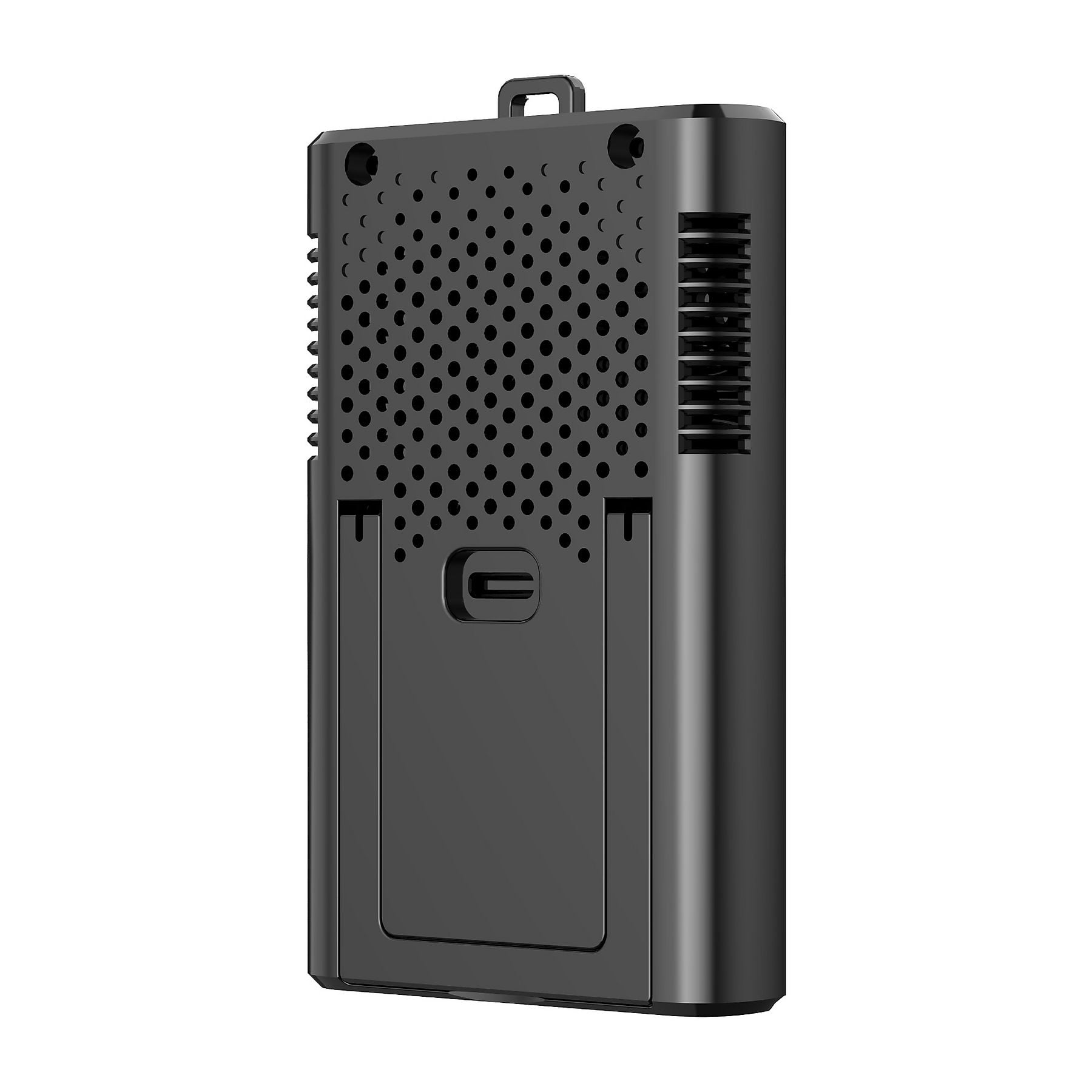 Schwarzer Kasten mit Lufteinlässen, einem USB-C-Anschluss und einer Aufhängeschlaufe.