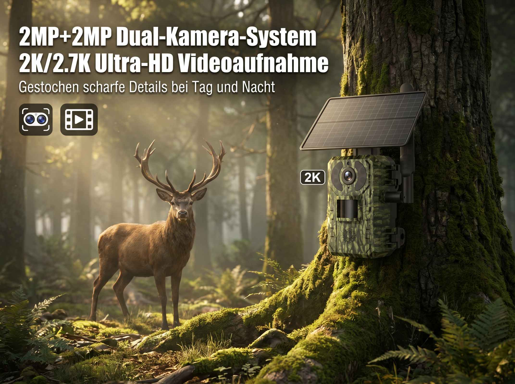 Ein Rothirsch steht im Wald neben einer Wildkamera mit Solarpanel.