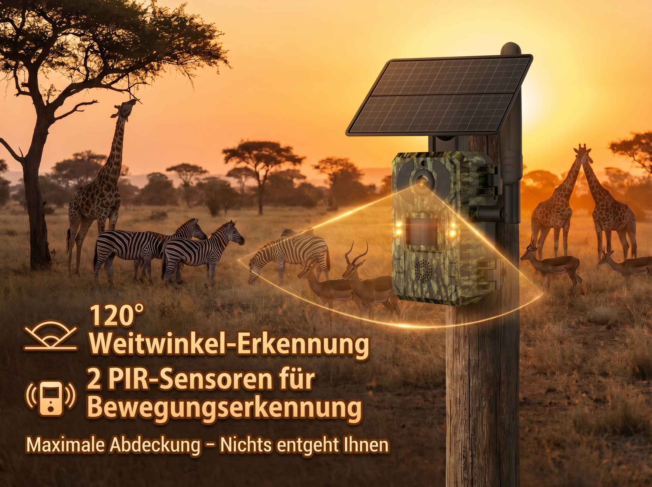Wildkamera mit Solarpanel in Afrika bei Sonnenuntergang, Zebras, Giraffen.