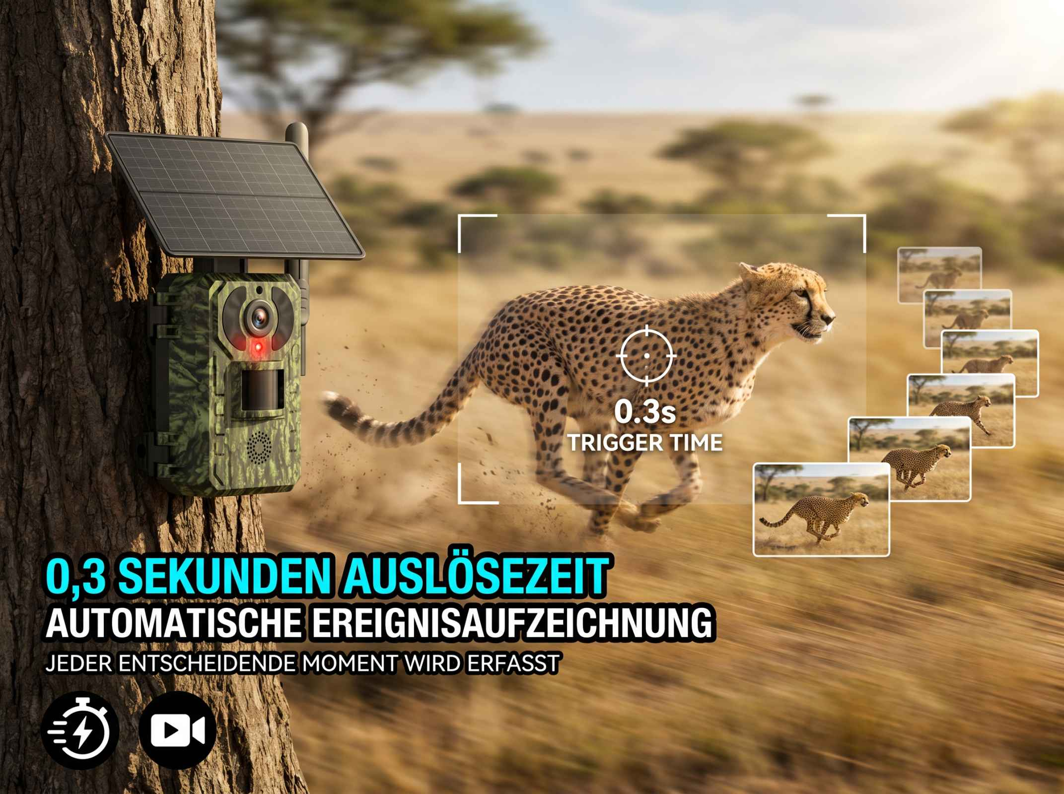 Wildkamera mit Solarpanel an Baum, jagender Gepard mit Auslösezeitanzeige.