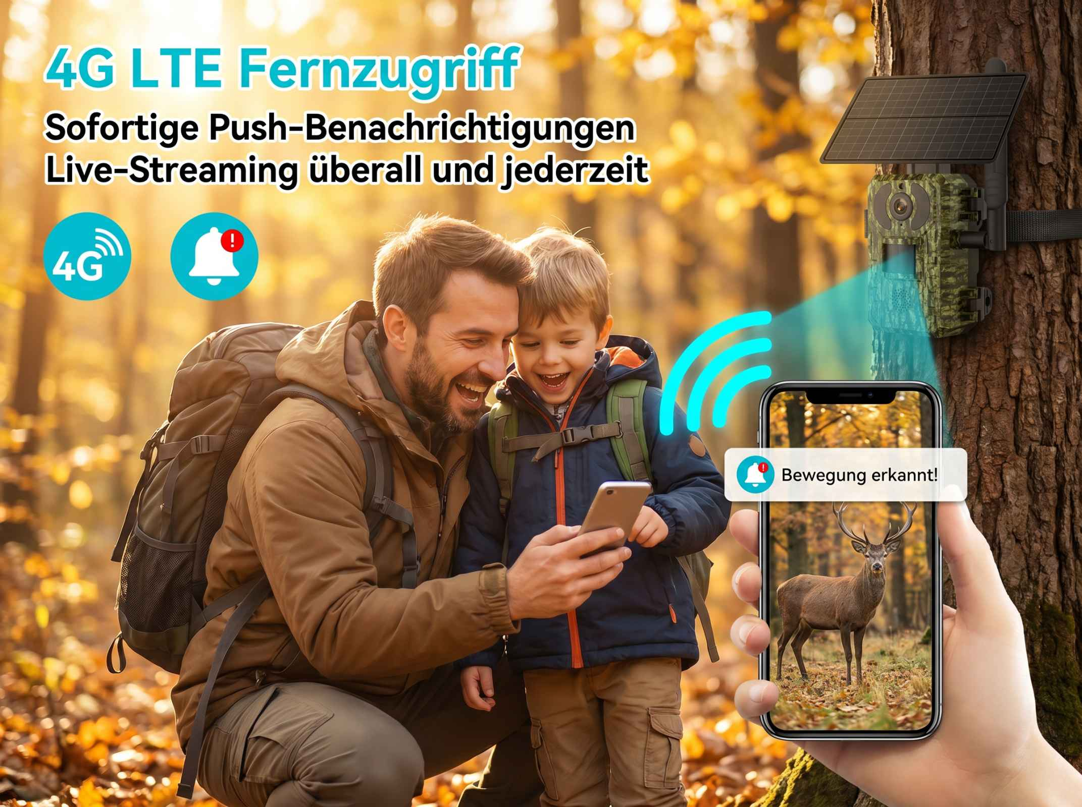 Mann und Kind blicken auf Smartphone mit Wildkamera-Bild. Wald.
