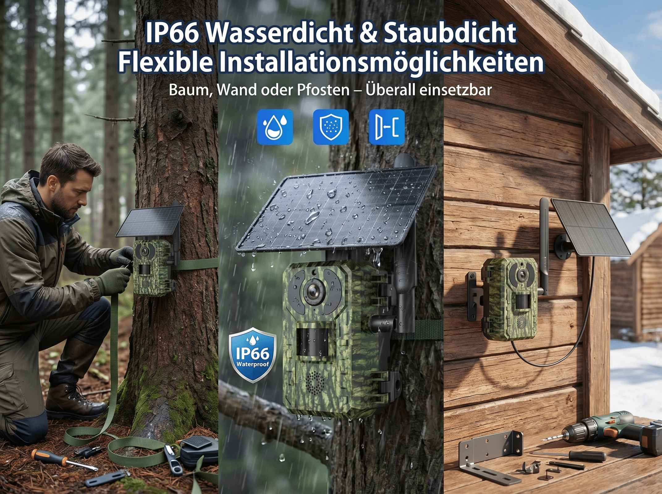 Eine Überwachungskamera mit Solarpanel wird an einem Baum montiert. Daneben eine Montage an einer Holzwand.