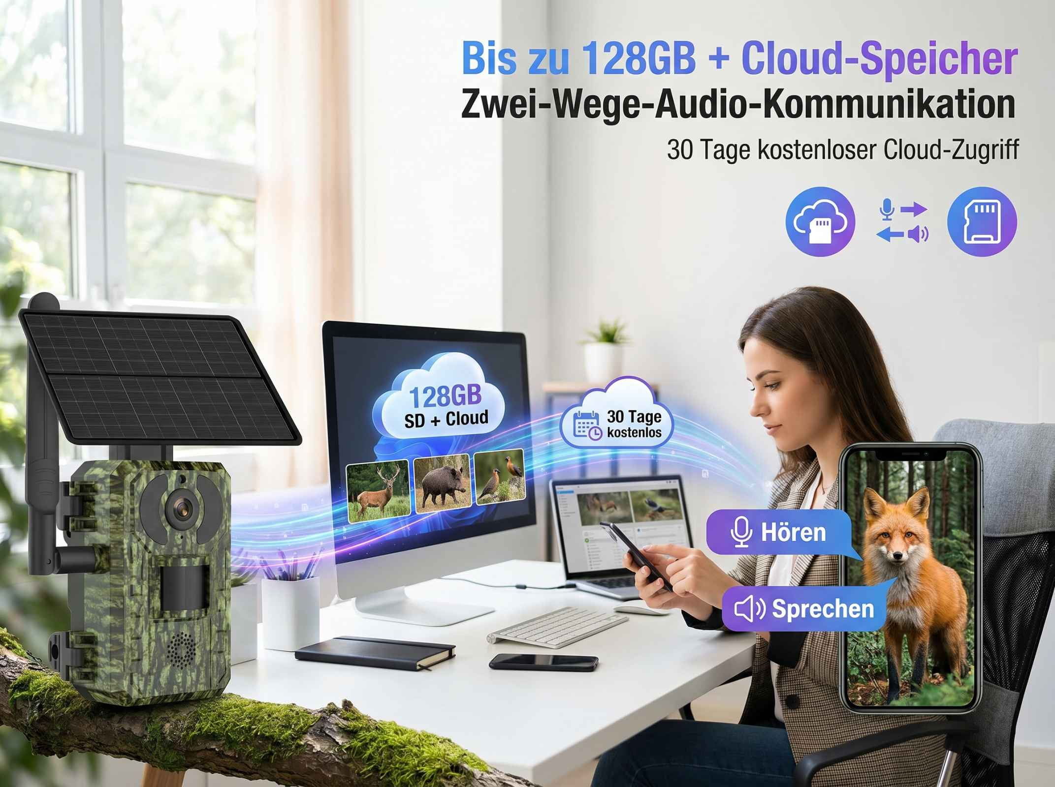 Überwachungskamera mit Solarpanel, Computer, Laptop, Handy. Cloud-Speicher.