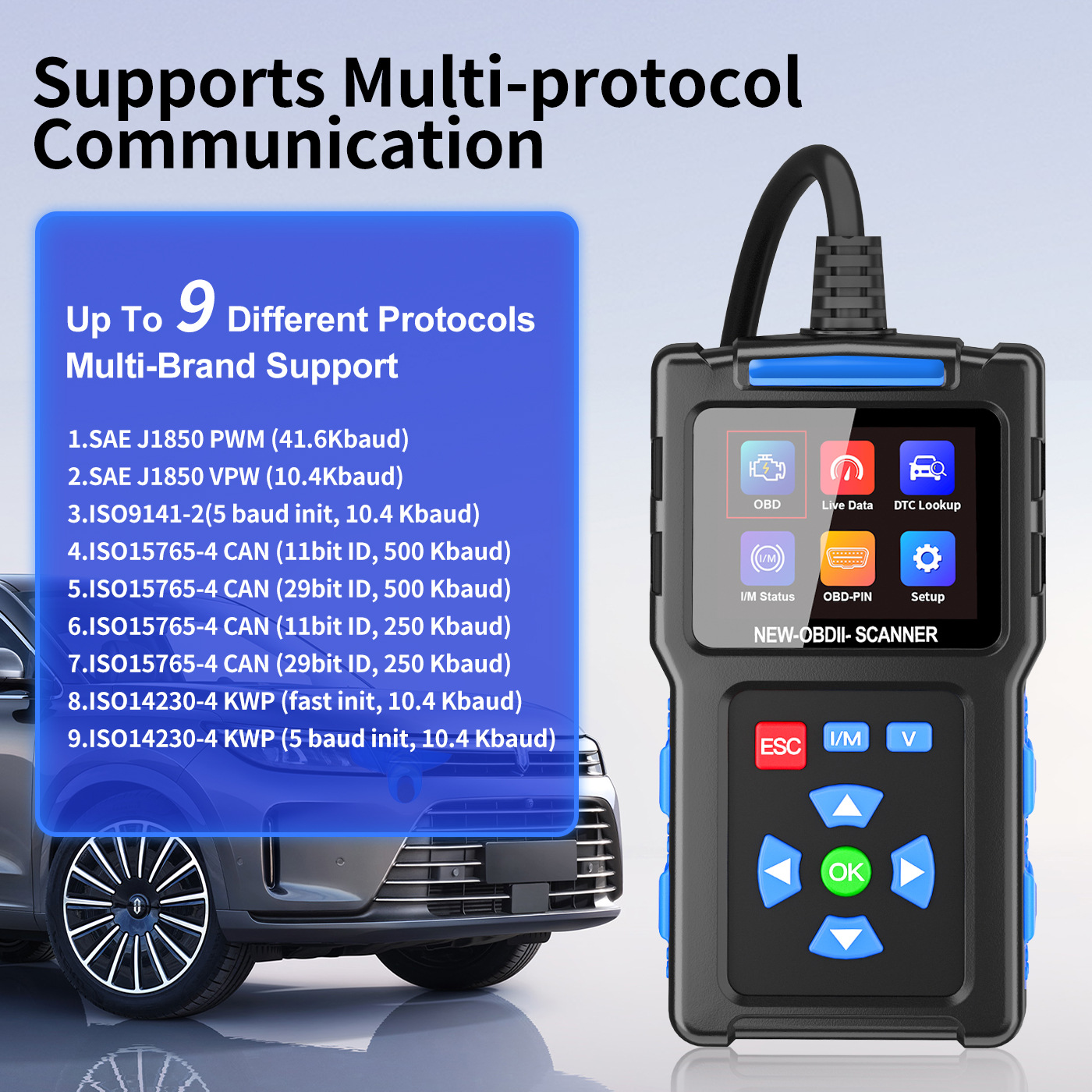 OBDII-Scanner unterstützt 9 Protokolle für Multi-Marken-Unterstützung neben einem Auto.