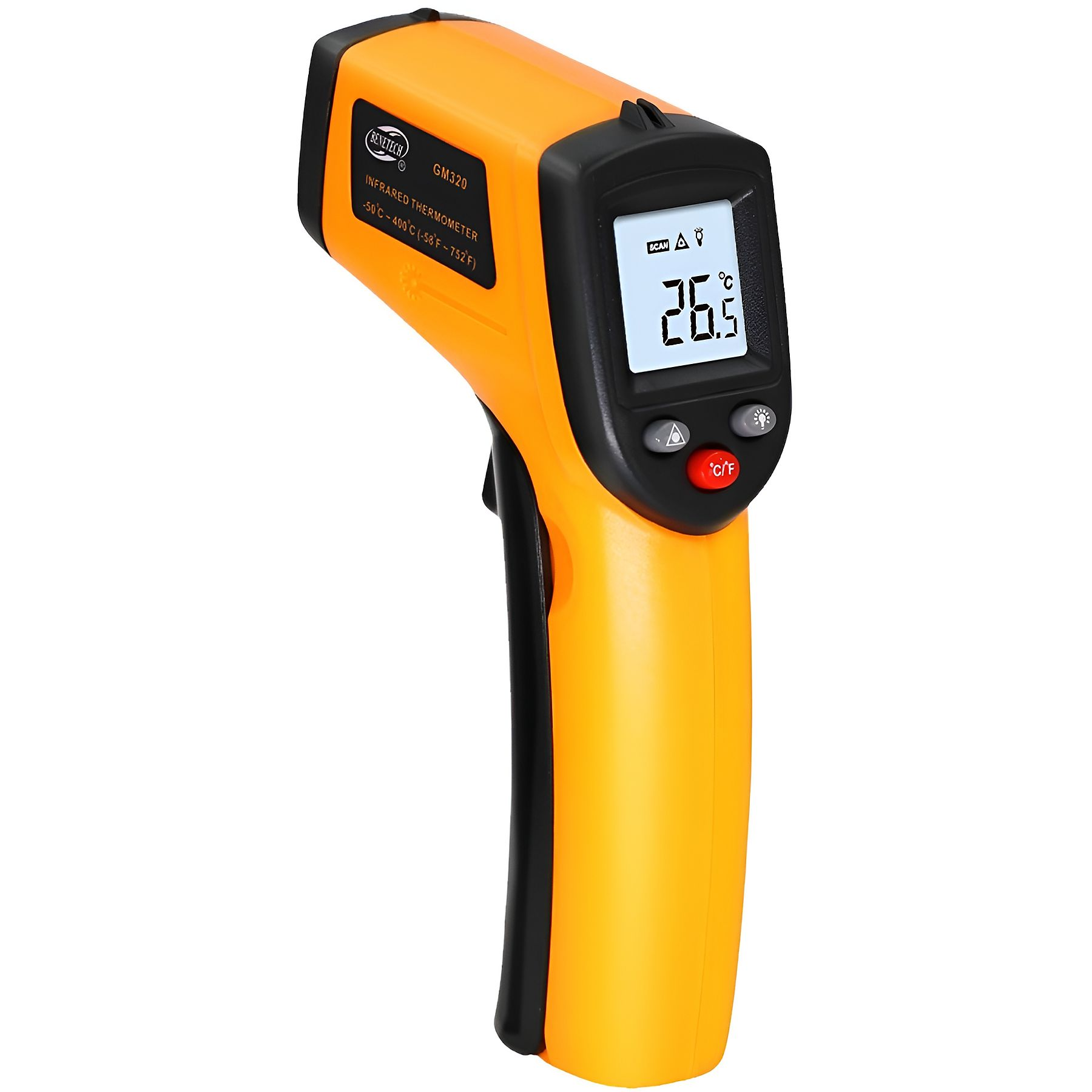 Ein orangefarbenes Infrarot-Thermometer mit schwarzem Griff und LCD-Anzeige. Die Anzeige zeigt 26,5°C.