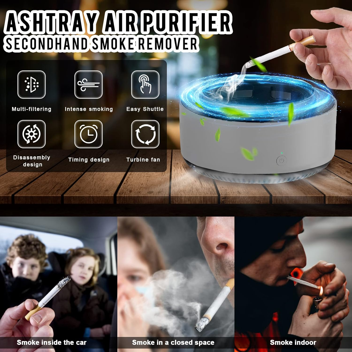 Ein Aschenbecher-Luftreiniger mit Symbolen für Filterung, Rauchen und Design.