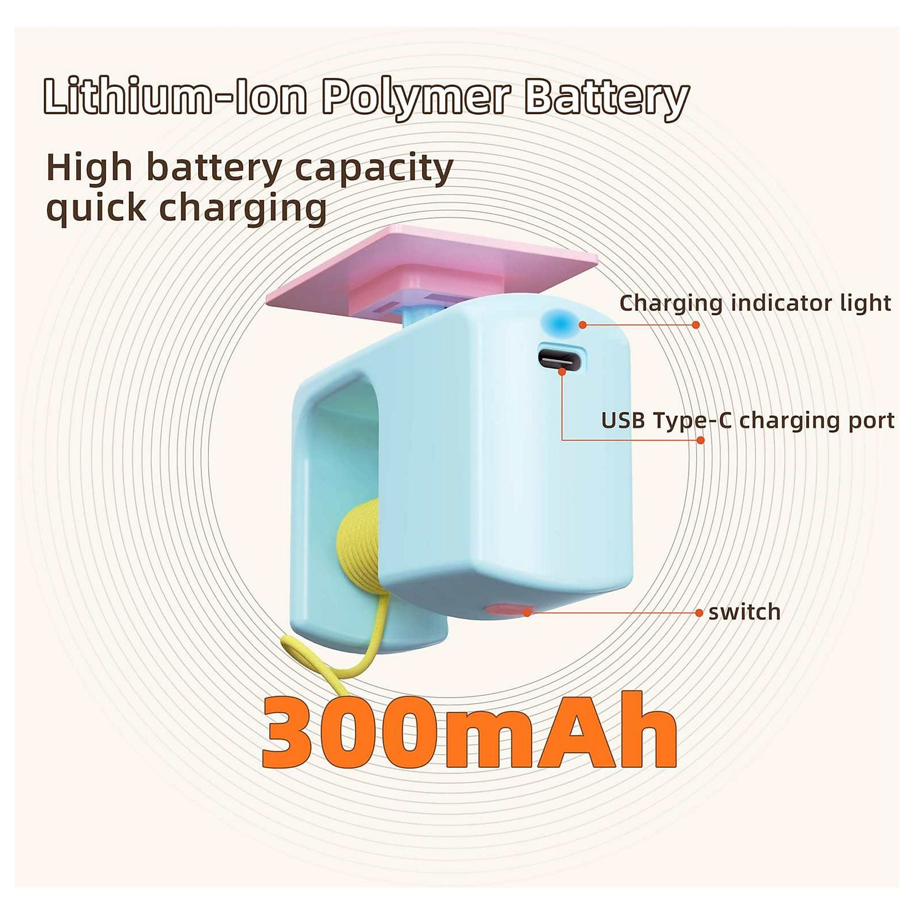 Hellblauer Akku mit USB-C-Anschluss, Ladeanzeige und Schalter. 300mAh.