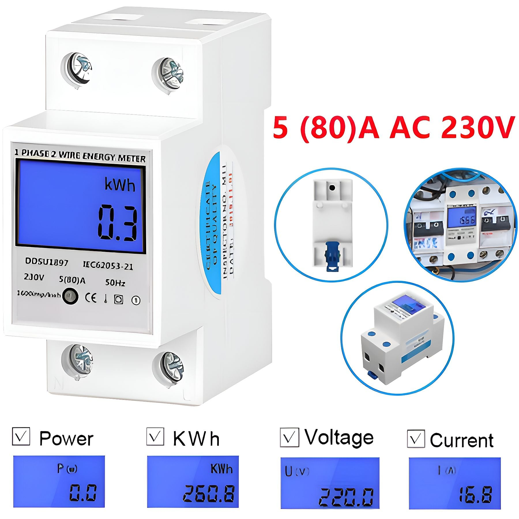 Einphasen-Zweileiter-Energiezähler mit blauem Display zeigt 0,3 kWh an.