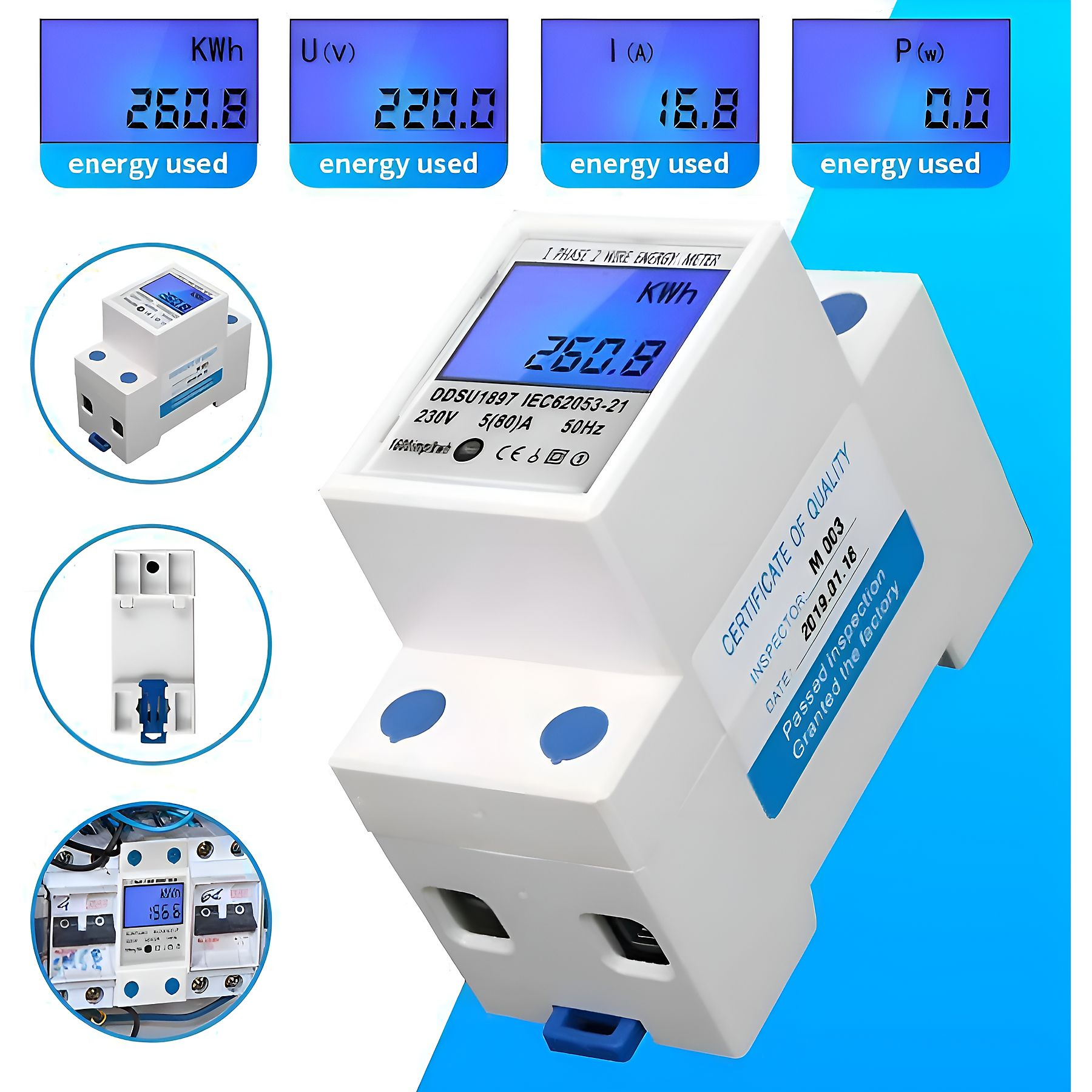 Digitaler Stromzähler mit LCD-Anzeige zeigt Energieverbrauch, Spannung, Strom und Leistung.