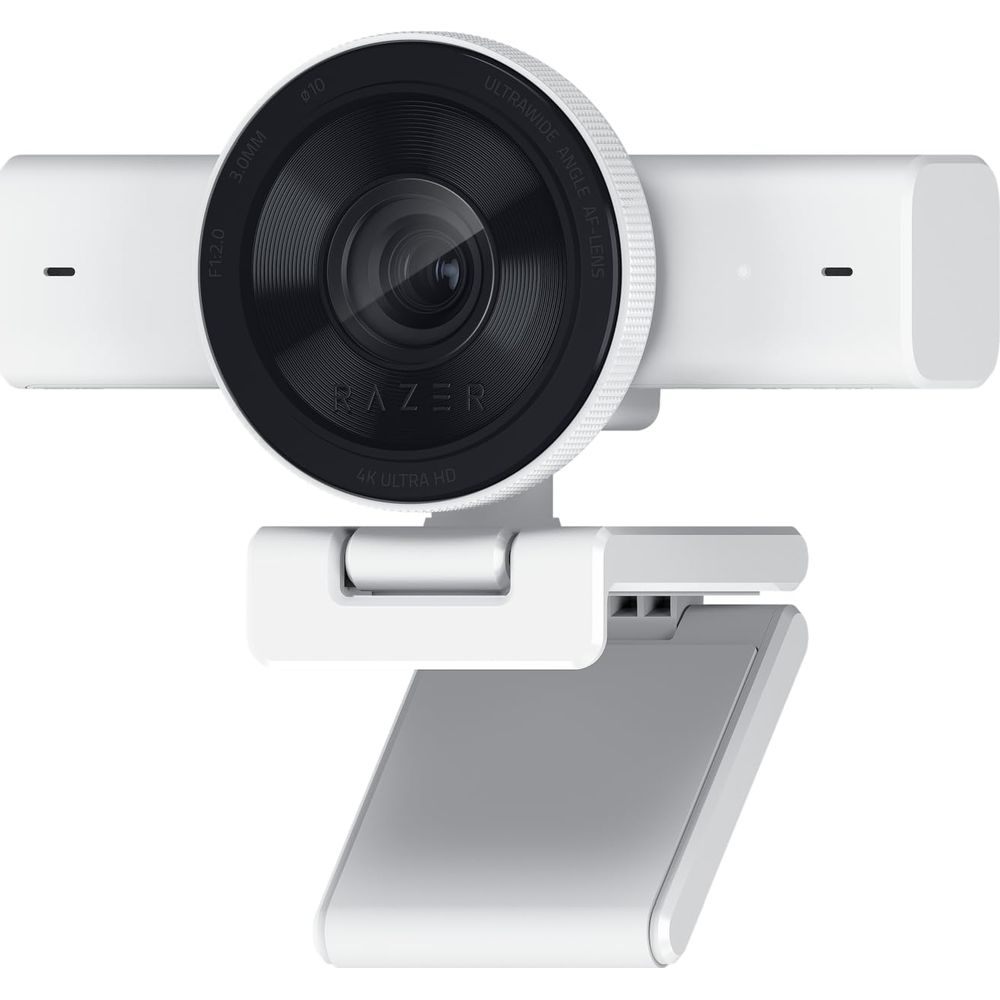 Una webcam bianca con un obiettivo grande con marchio "Razer" e "4K ULTRA HD".