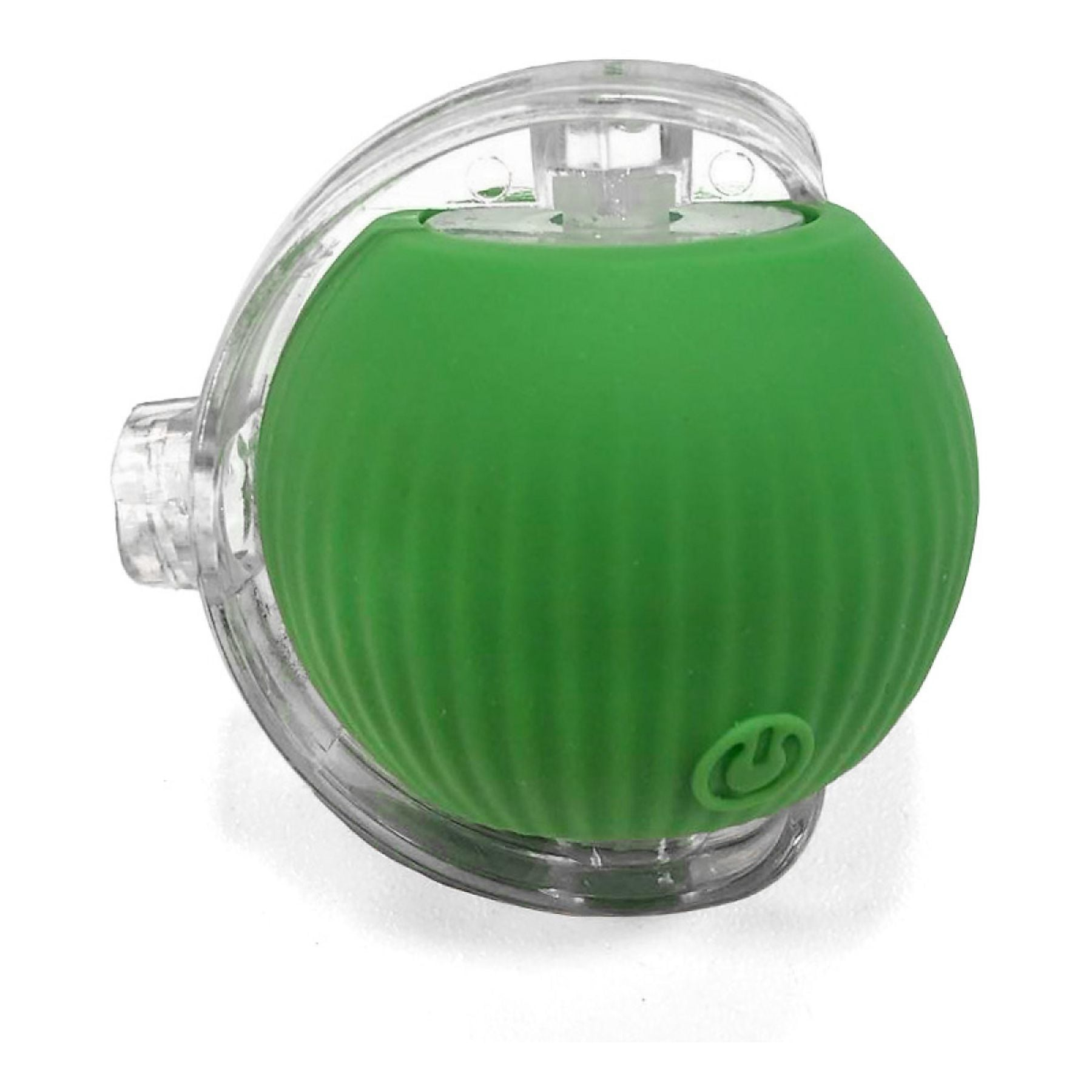 Grüner, gerippter Ball mit transparentem Griff und Ein-/Aus-Symbol.