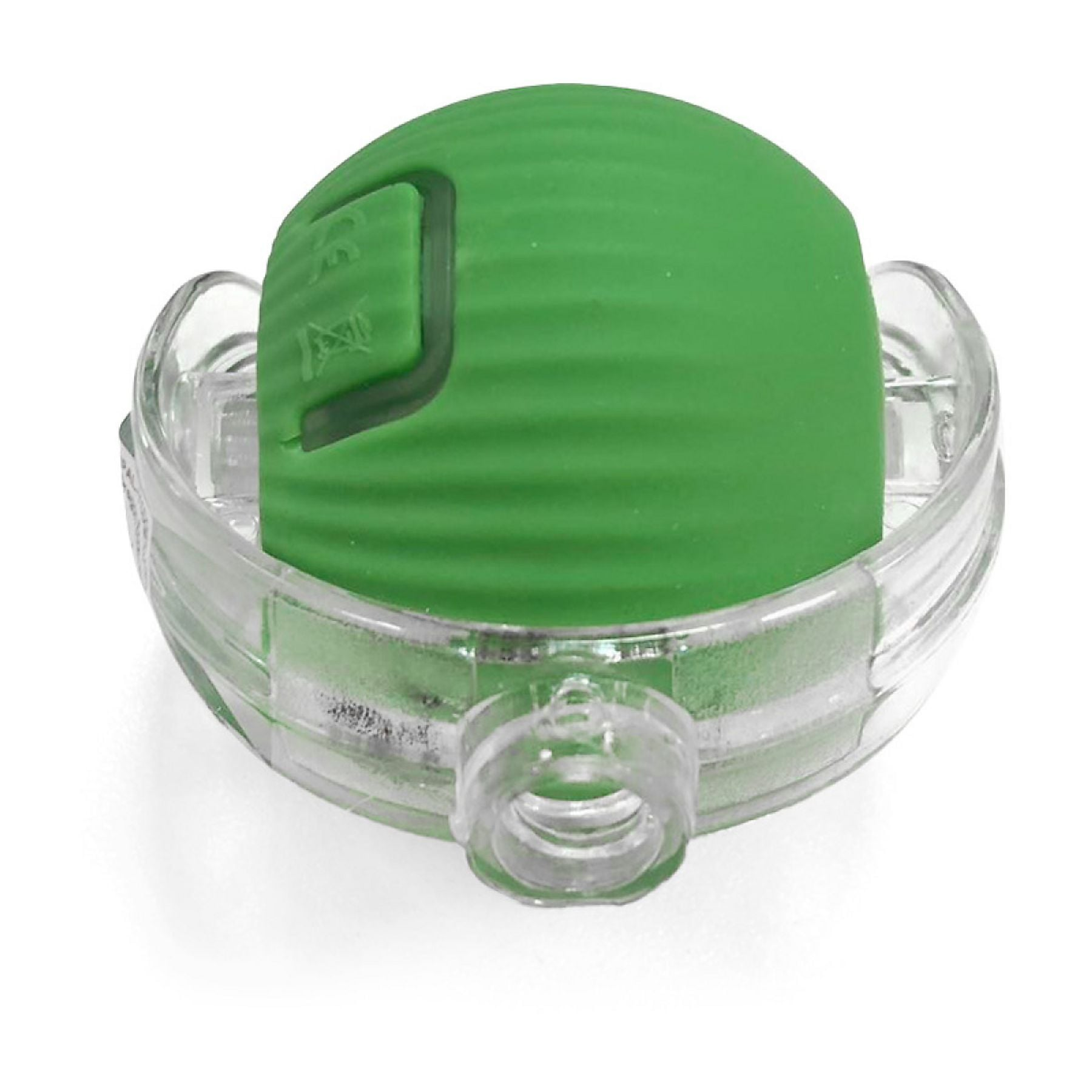 Ein grüner, gerippter Ball in einem transparenten Gehäuse mit einem Ausguss.