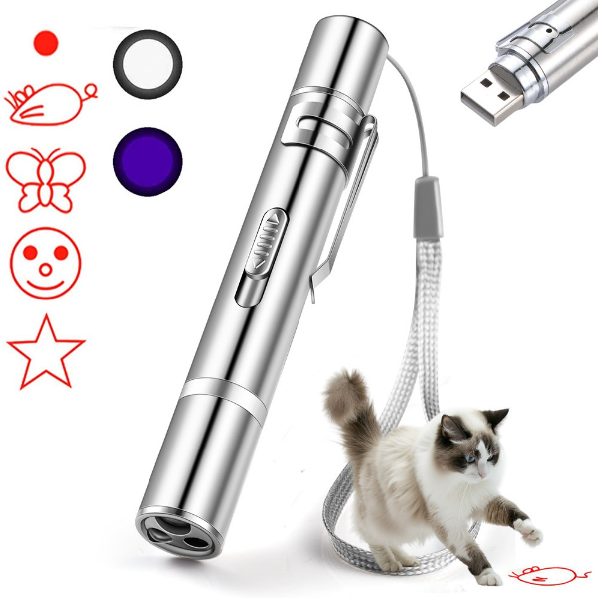 Ein silberner Laserpointer mit USB-Anschluss, Zubehör und einer Katze, die spielt.