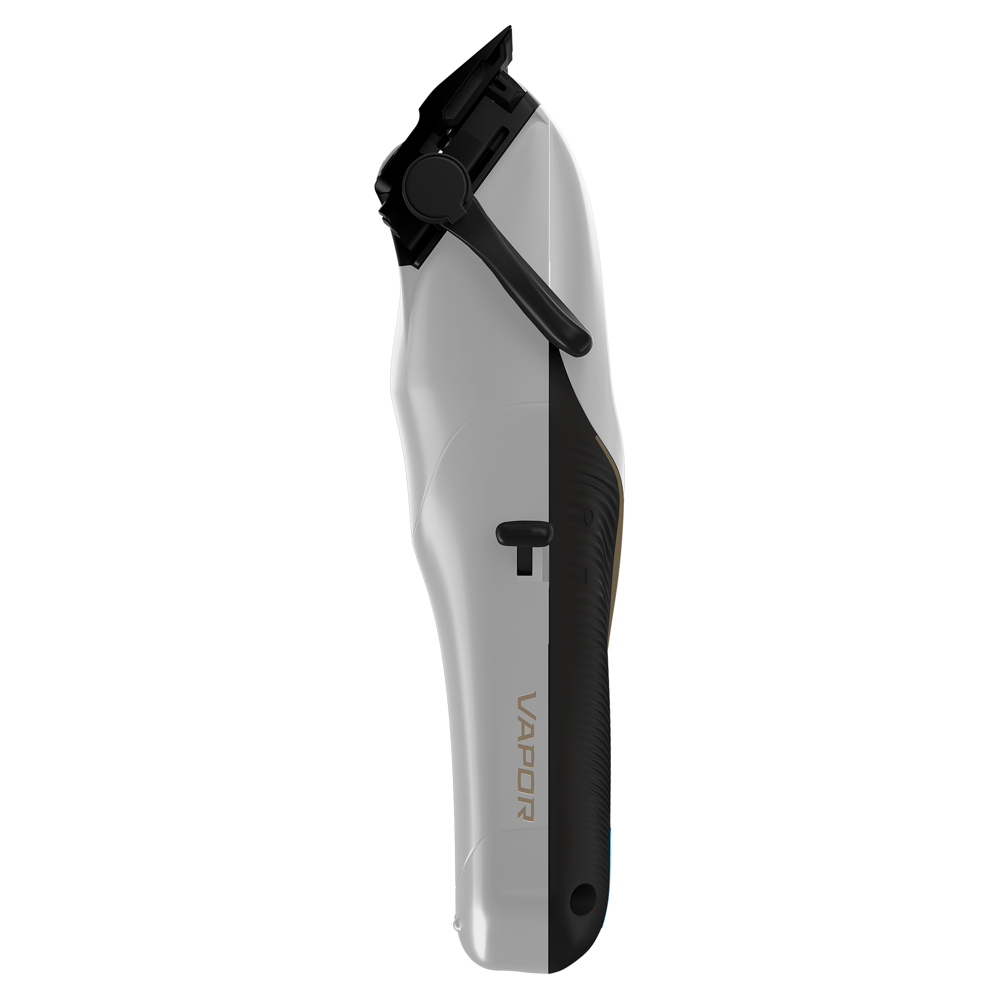 Ein weißer Haar-Trimmer mit schwarzem Griff und Klinge.