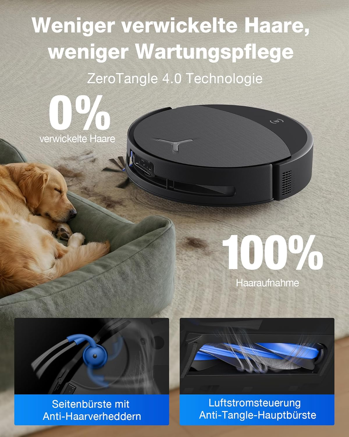 Ein Roboterstaubsauger reinigt neben einem schlafenden Hund. 0% Haare, 100% Aufnahme.