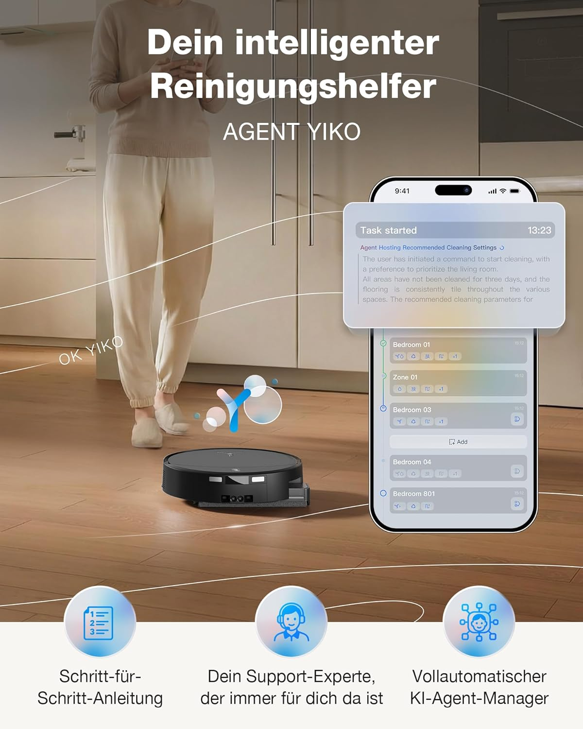Ein Saugroboter reinigt einen Holzboden, während ein Telefon Reinigungseinstellungen anzeigt.