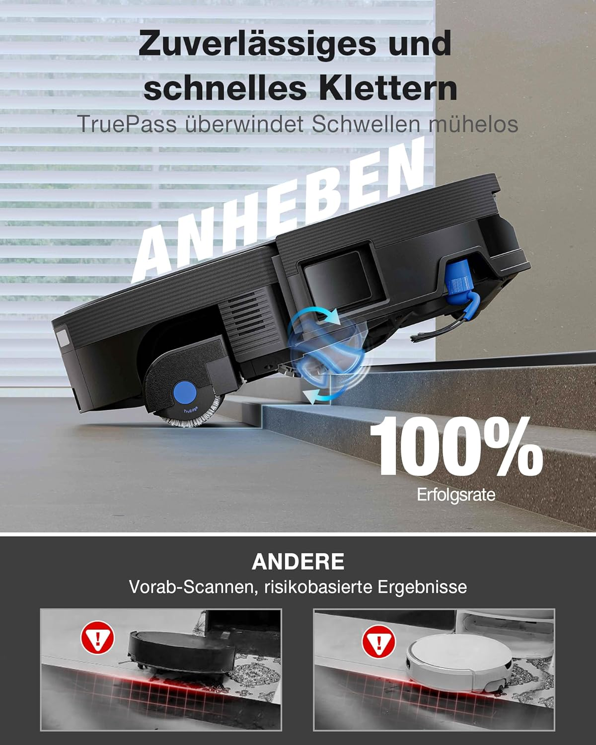 Ein Saugroboter klettert über eine Treppe, 100% Erfolgsrate.