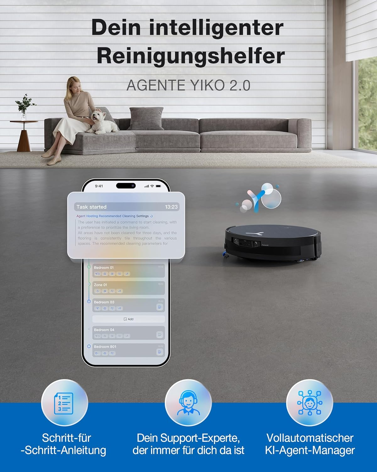 Eine Frau und ein Hund sitzen auf einem Sofa. Ein Smartphone zeigt eine Reinigungs-App, daneben ein Saugroboter.