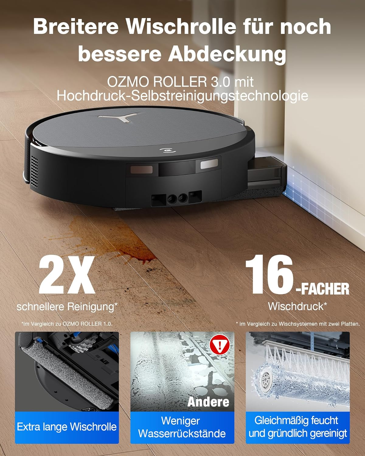 Ein Saugroboter mit breiterer Wischrolle für bessere Abdeckung und Selbstreinigung.