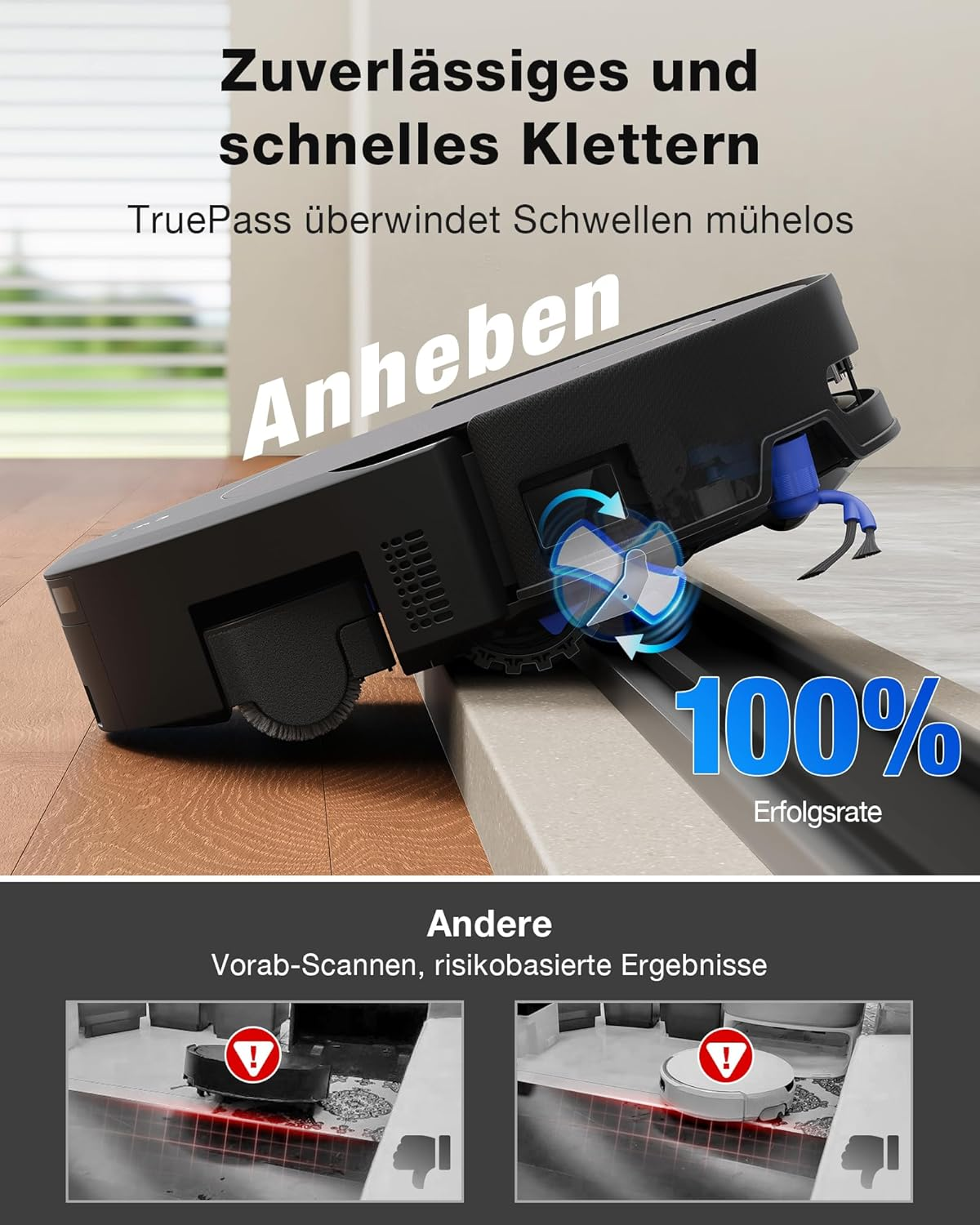 Ein Saugroboter erklimmt eine Schwelle mit 100% Erfolgsrate.