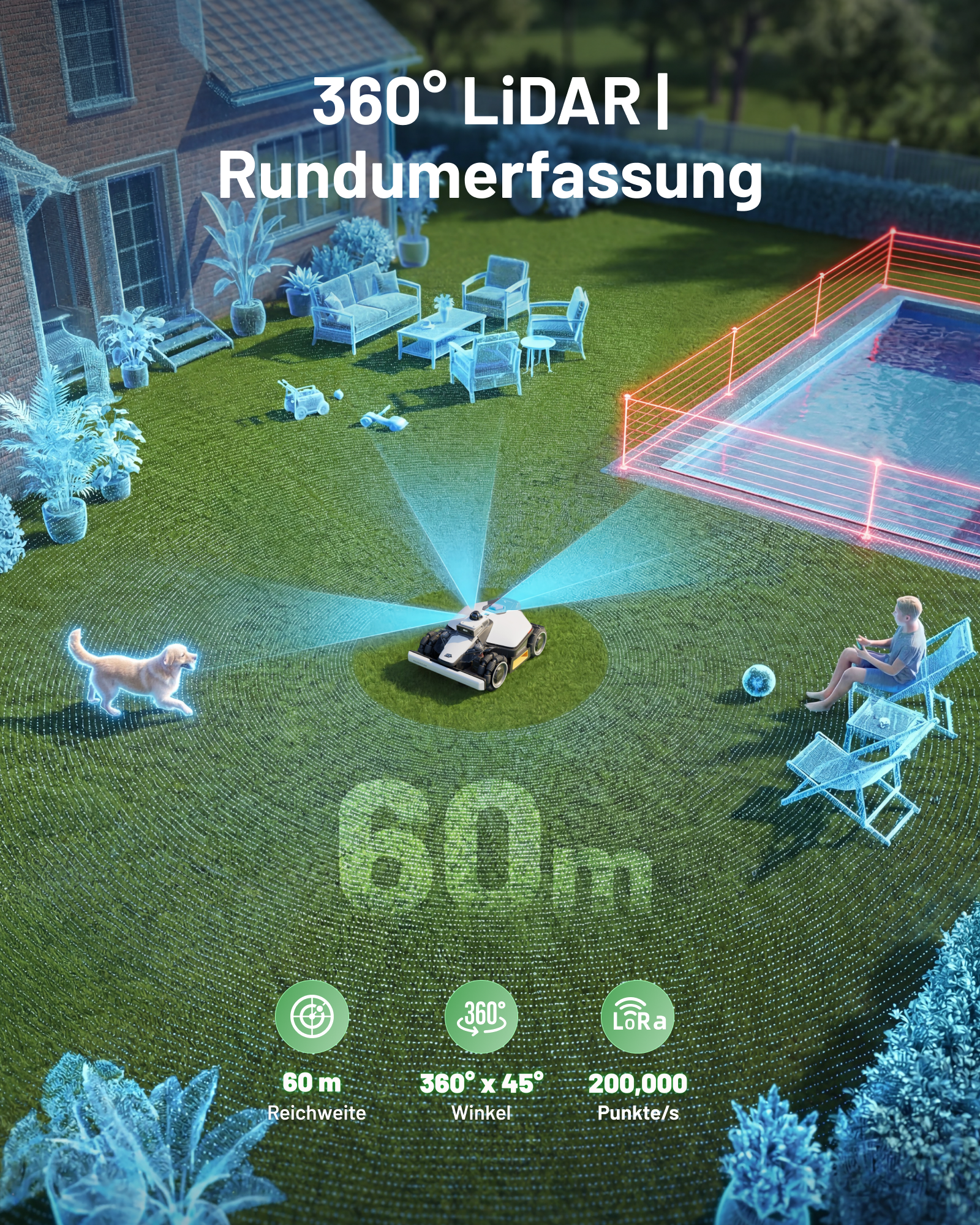 Ein Mähroboter scannt mit LIDAR einen Garten. Ein Hund, ein Pool & Sitzmöbel sind zu sehen.
