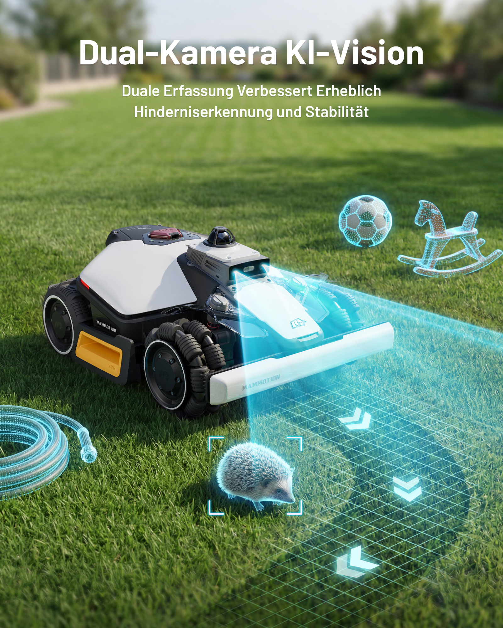 Ein Mähroboter erkennt einen Igel, eine Spielzeugpferdefigur und einen Ball.