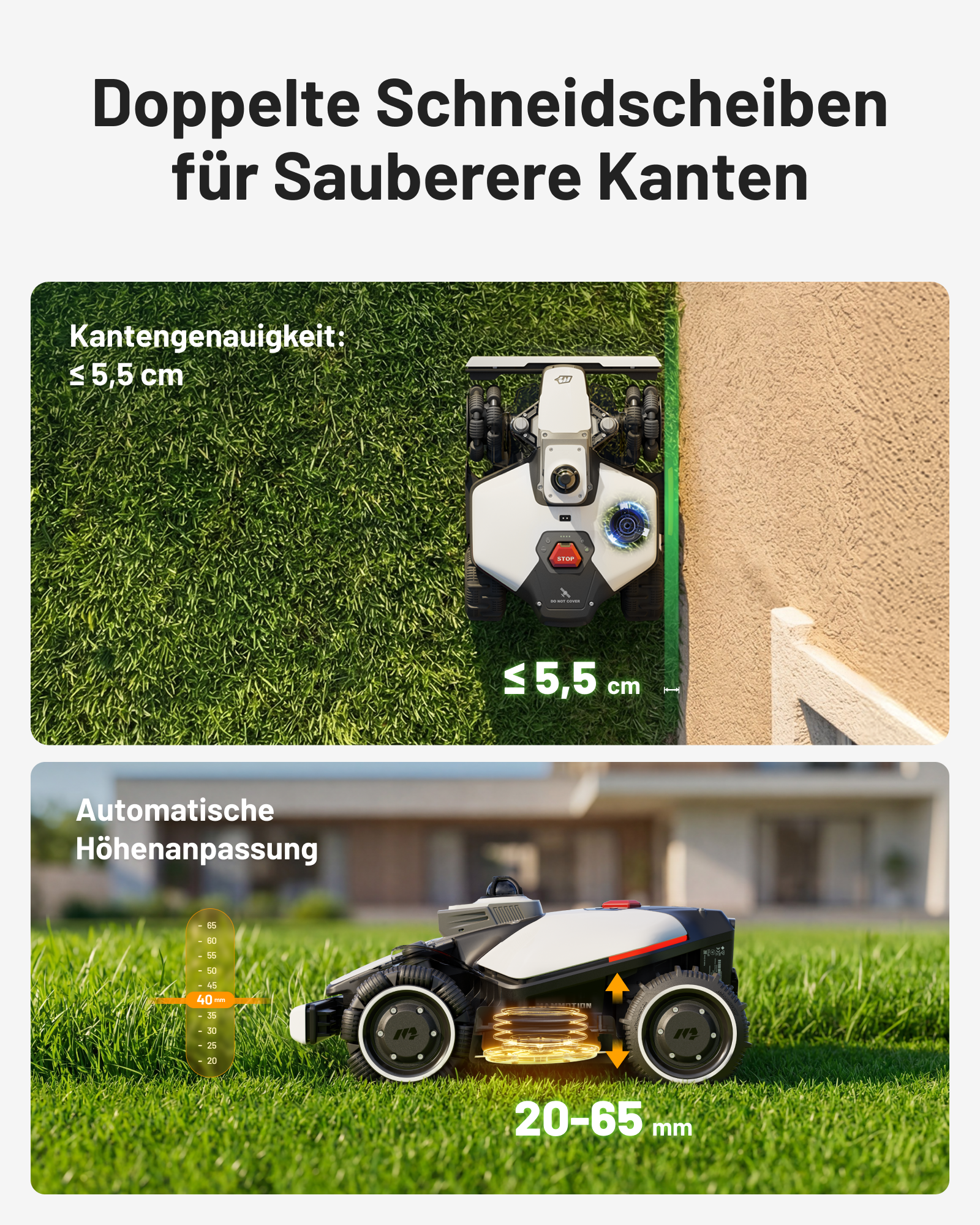 Ein Mähroboter mäht präzise nah an Kanten und passt die Schnitthöhe automatisch an.