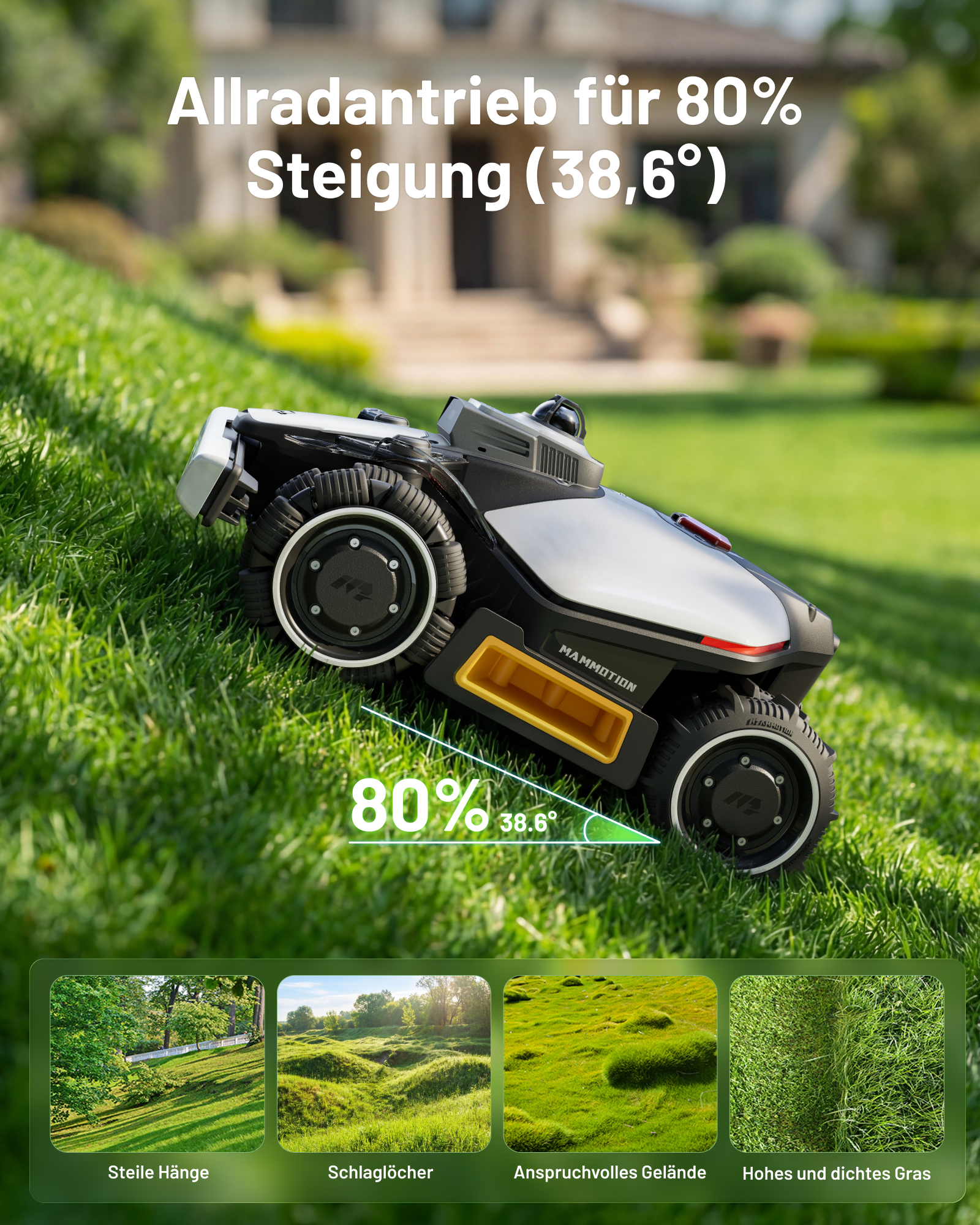 Ein Mähroboter auf einem grünen Hang mit Text über 80% Steigung.