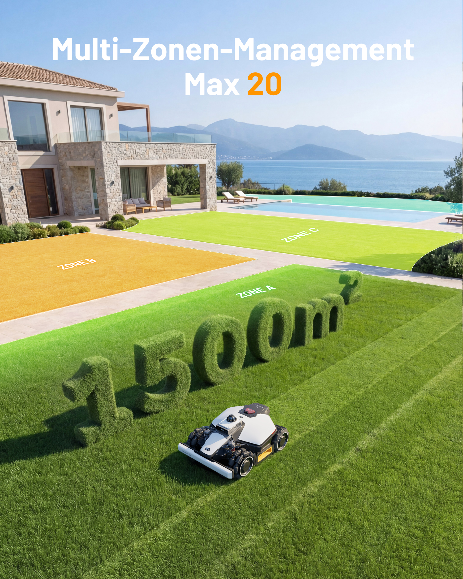 Ein Mähroboter auf einer grünen Rasenfläche mit riesigen Grasbuchstaben 1500 m².
