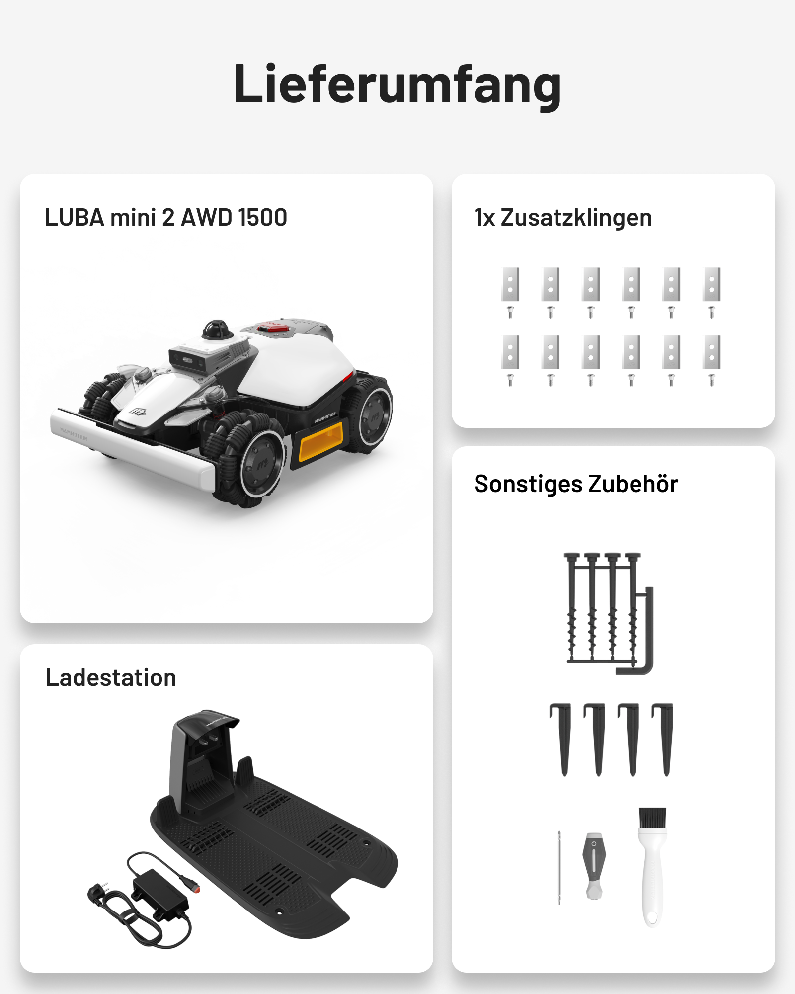 Lieferumfang: Roboter, Ladestation, Ersatzklingen und Zubehör.