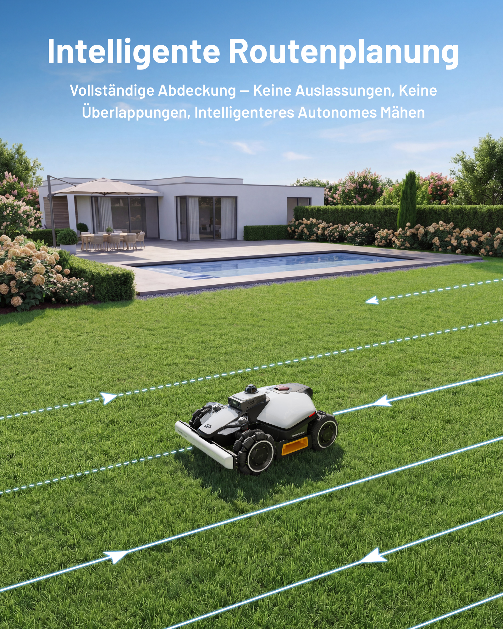 Mähroboter auf einem Rasen, mit modernem Haus und Pool im Hintergrund.