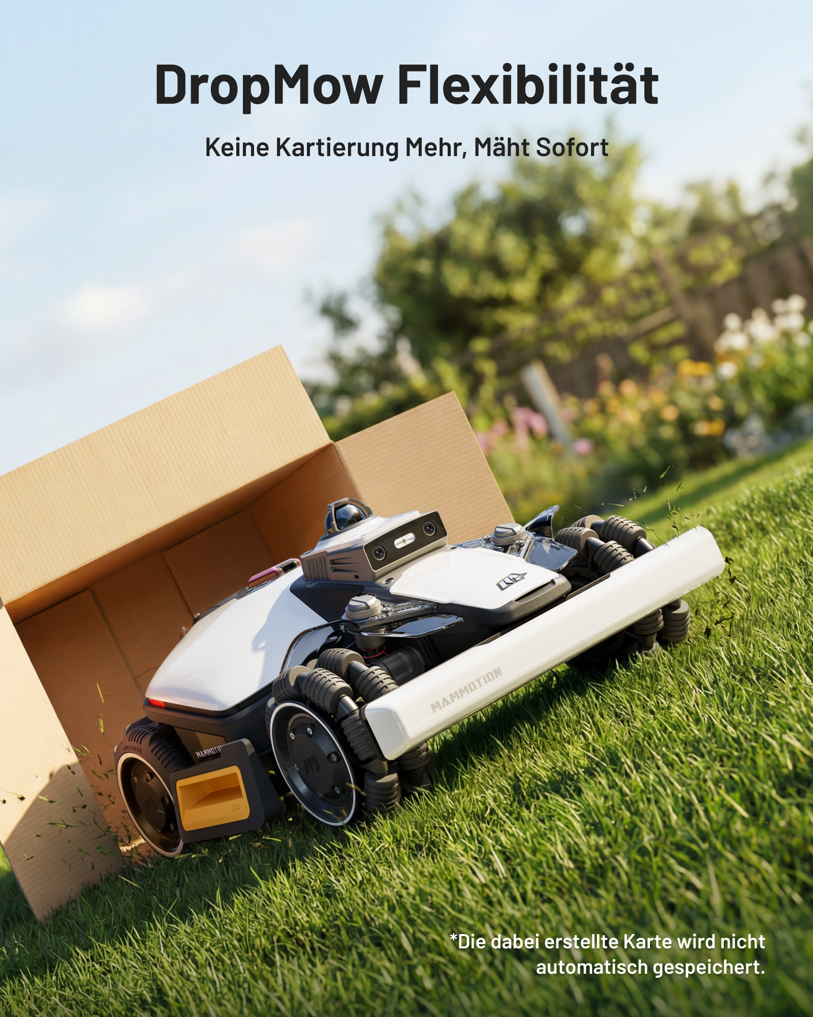 Ein weißer Mähroboter steht auf einem Rasen, teilweise in einem Karton.