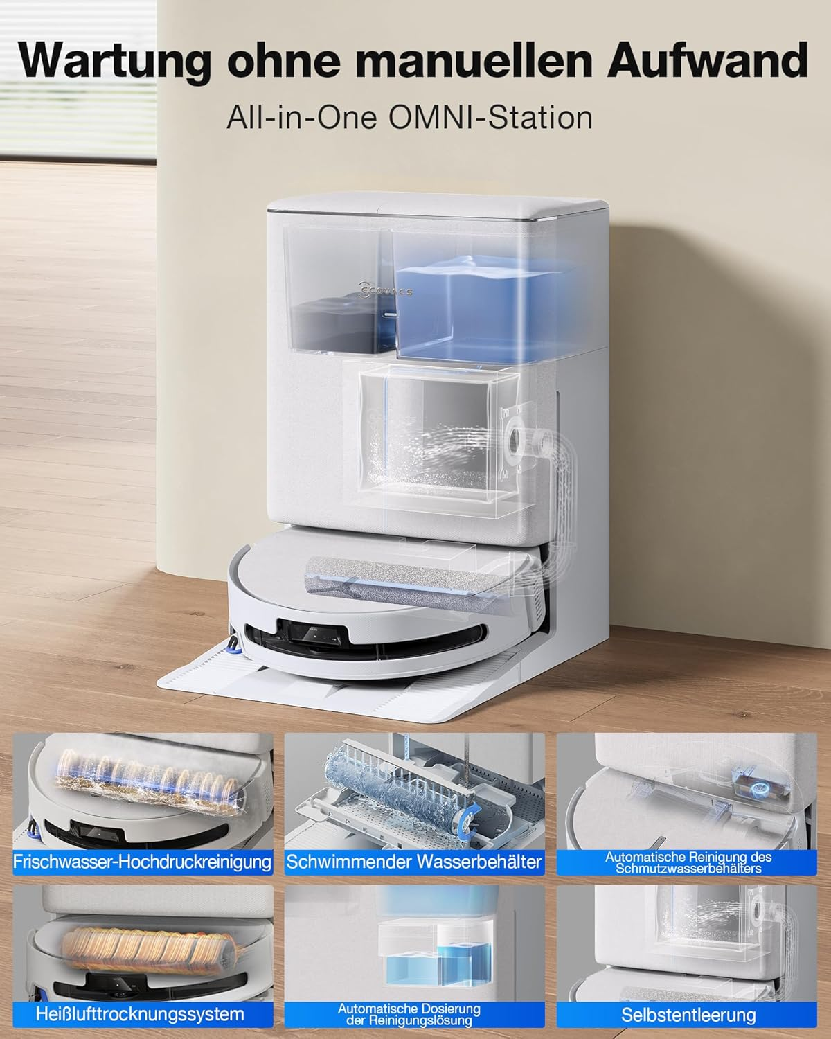 Ein Saugroboter mit Dockingstation zeigt Funktionen wie Hochdruckreinigung und Selbstentleerung.