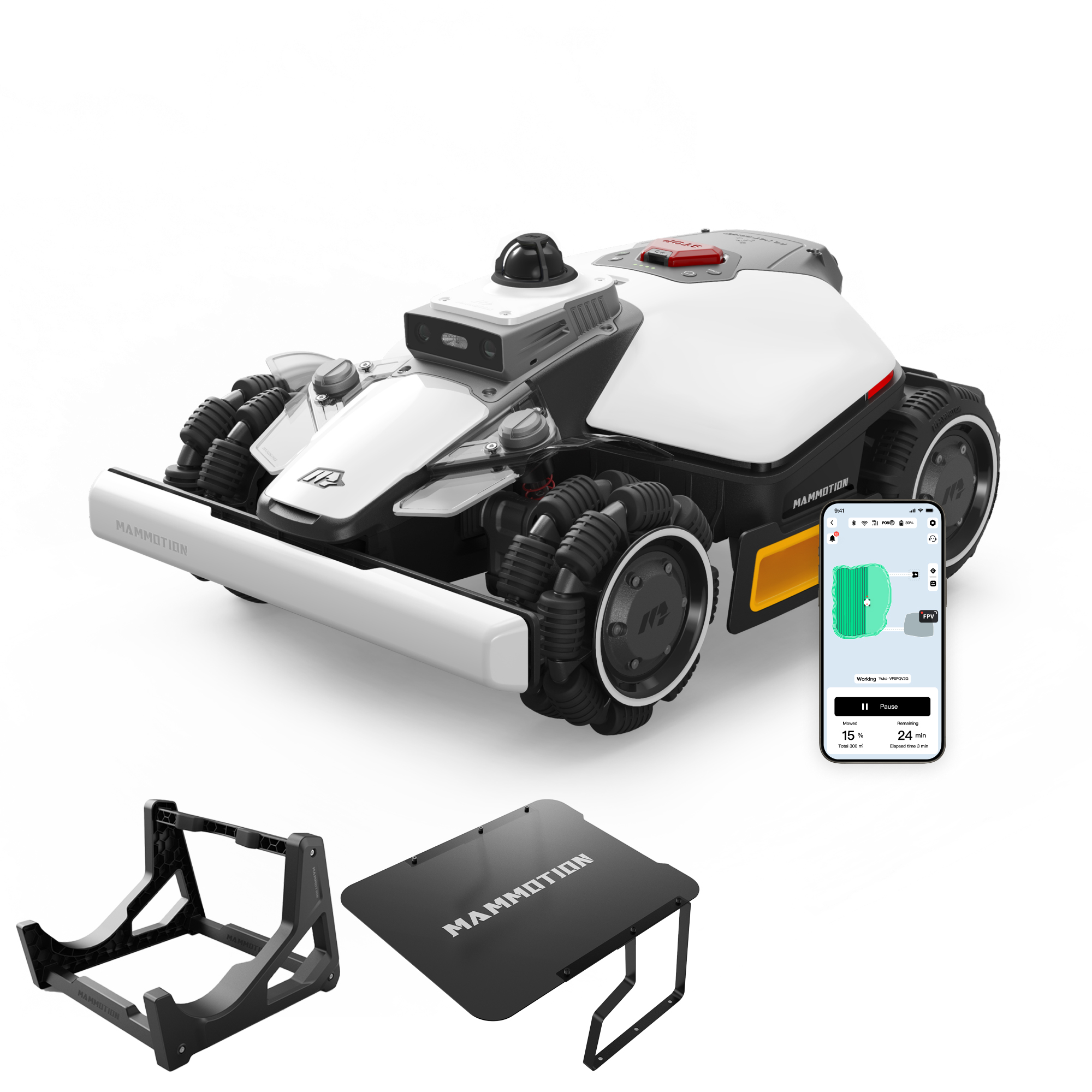 Ein weißer und schwarzer Mähroboter mit einem Telefon, das seine App zeigt, einem Ständer und einer Ablage.