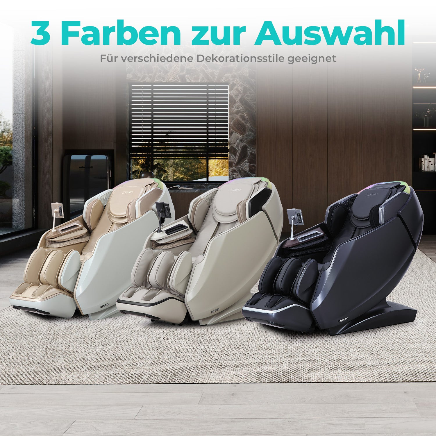 Drei Massagesessel in Schwarz, Beige und Weiß stehen auf einem Teppich.