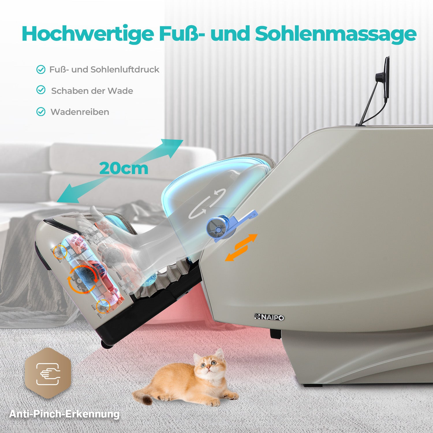 Grauer Massagesessel mit Katze davor. Technische Details hervorgehoben.