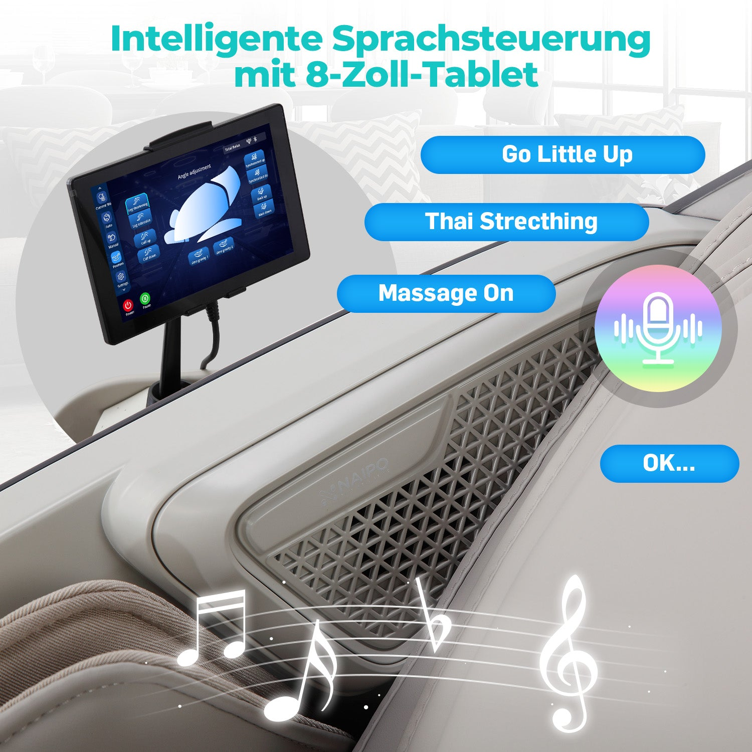 Massagegerät mit 8-Zoll-Tablet für Sprachsteuerung, Musiknoten.